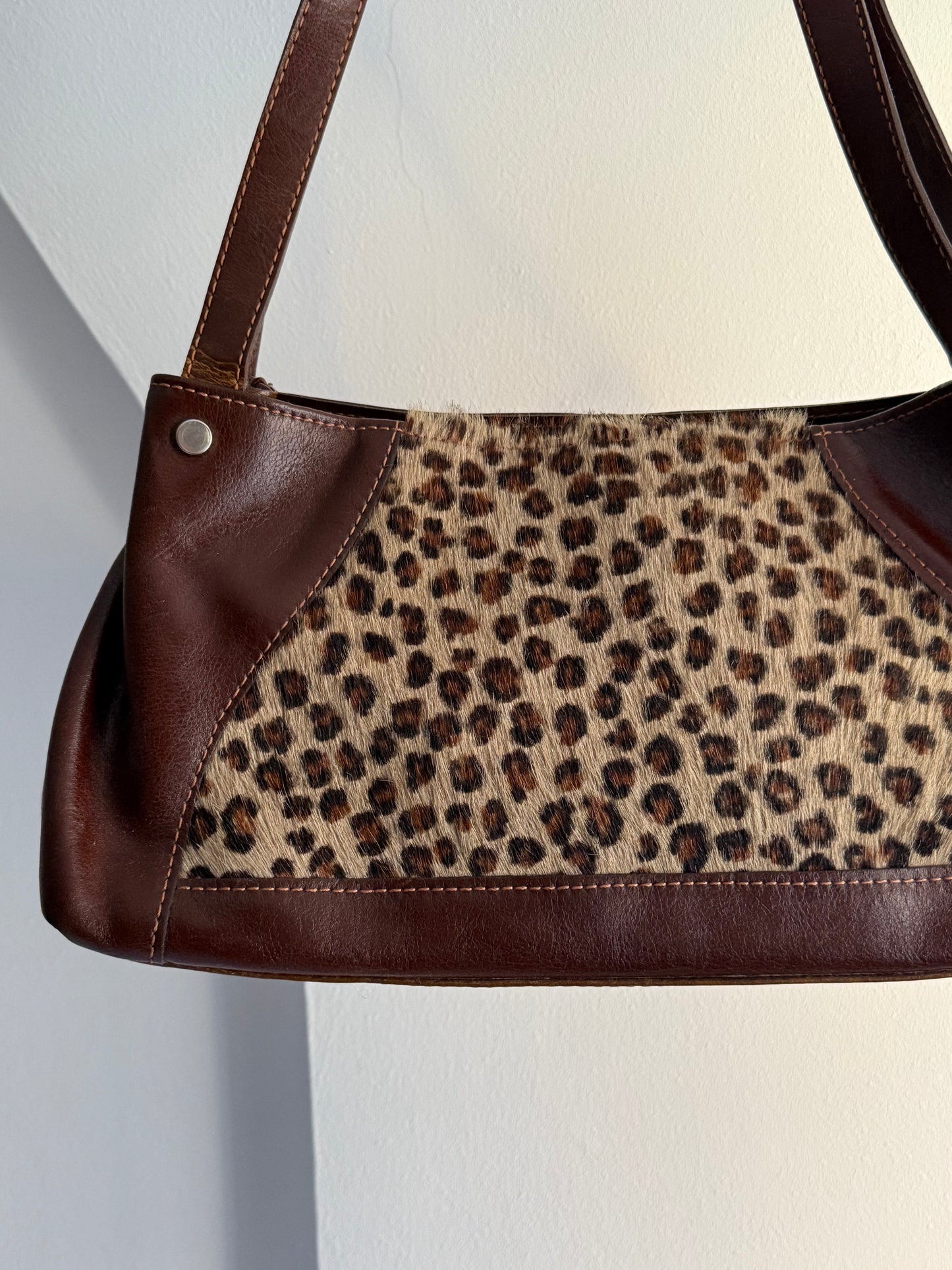 Vintage 90s Leopard Pony Hair Leather Shoulder Bag