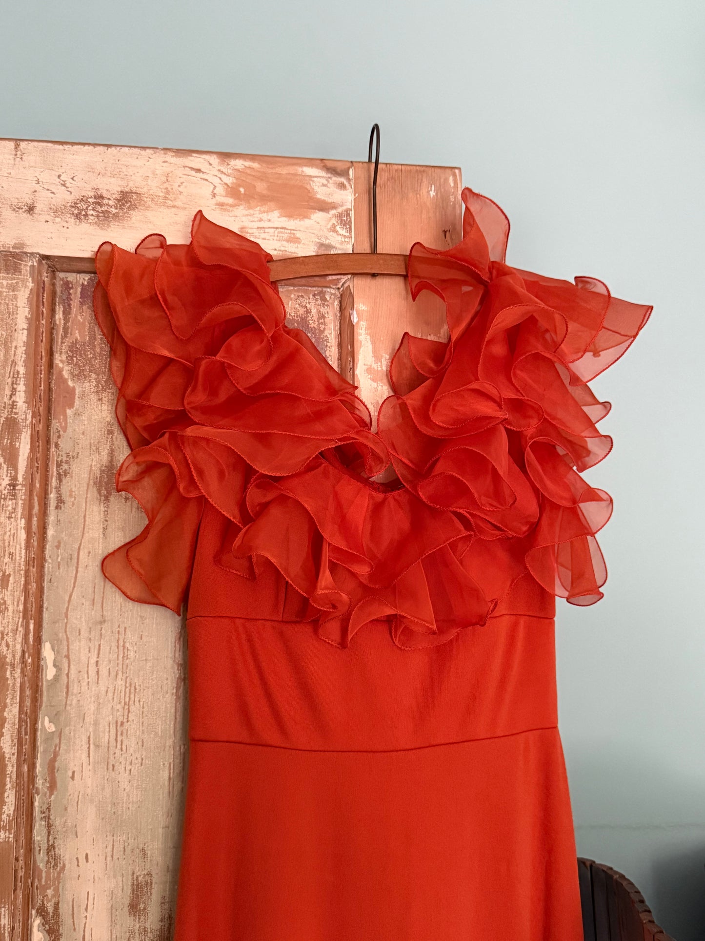 Vintage Orange Ruffle Evening Gown