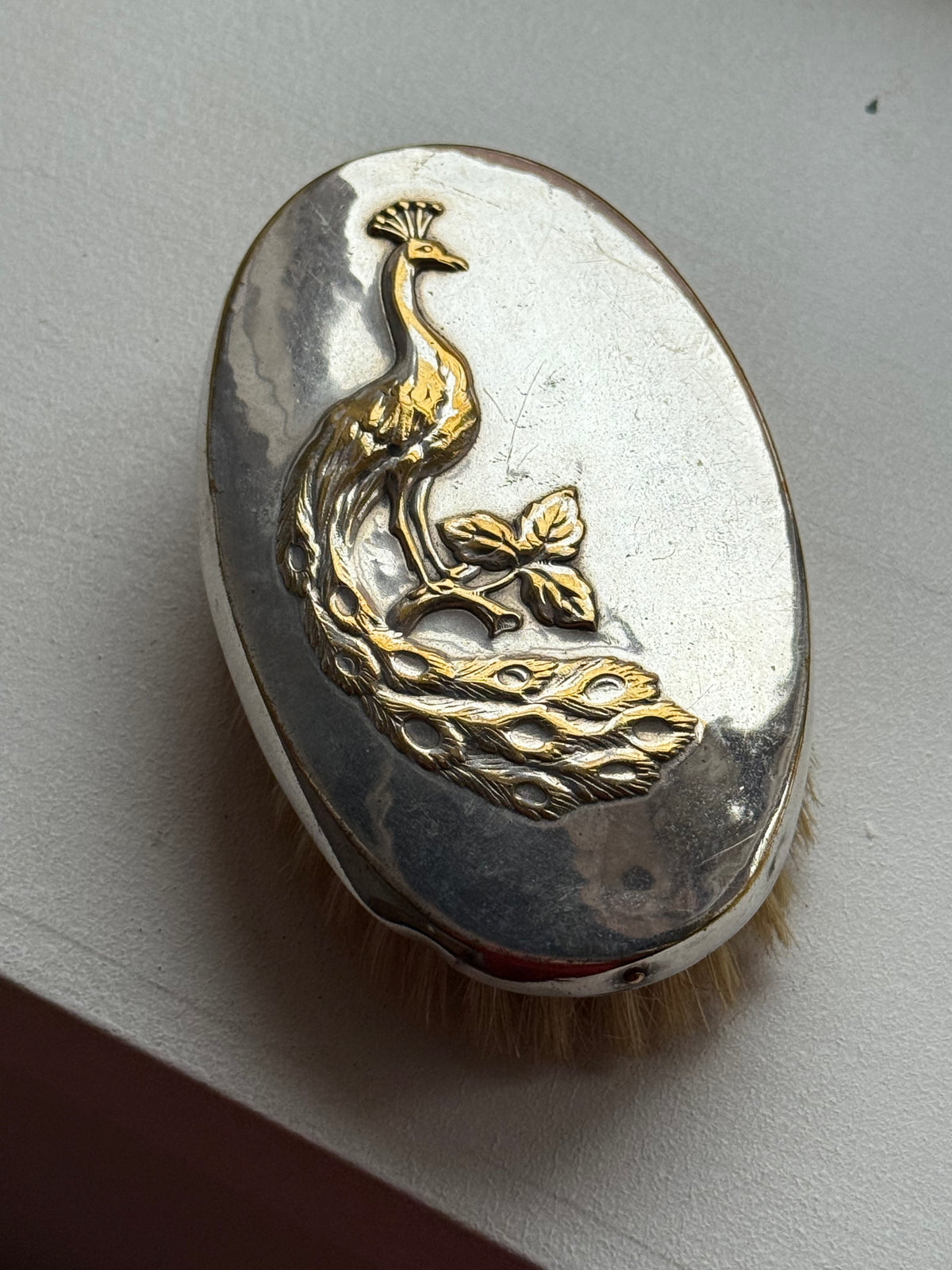 Vintage Silver Tone Peacock Garment Brush