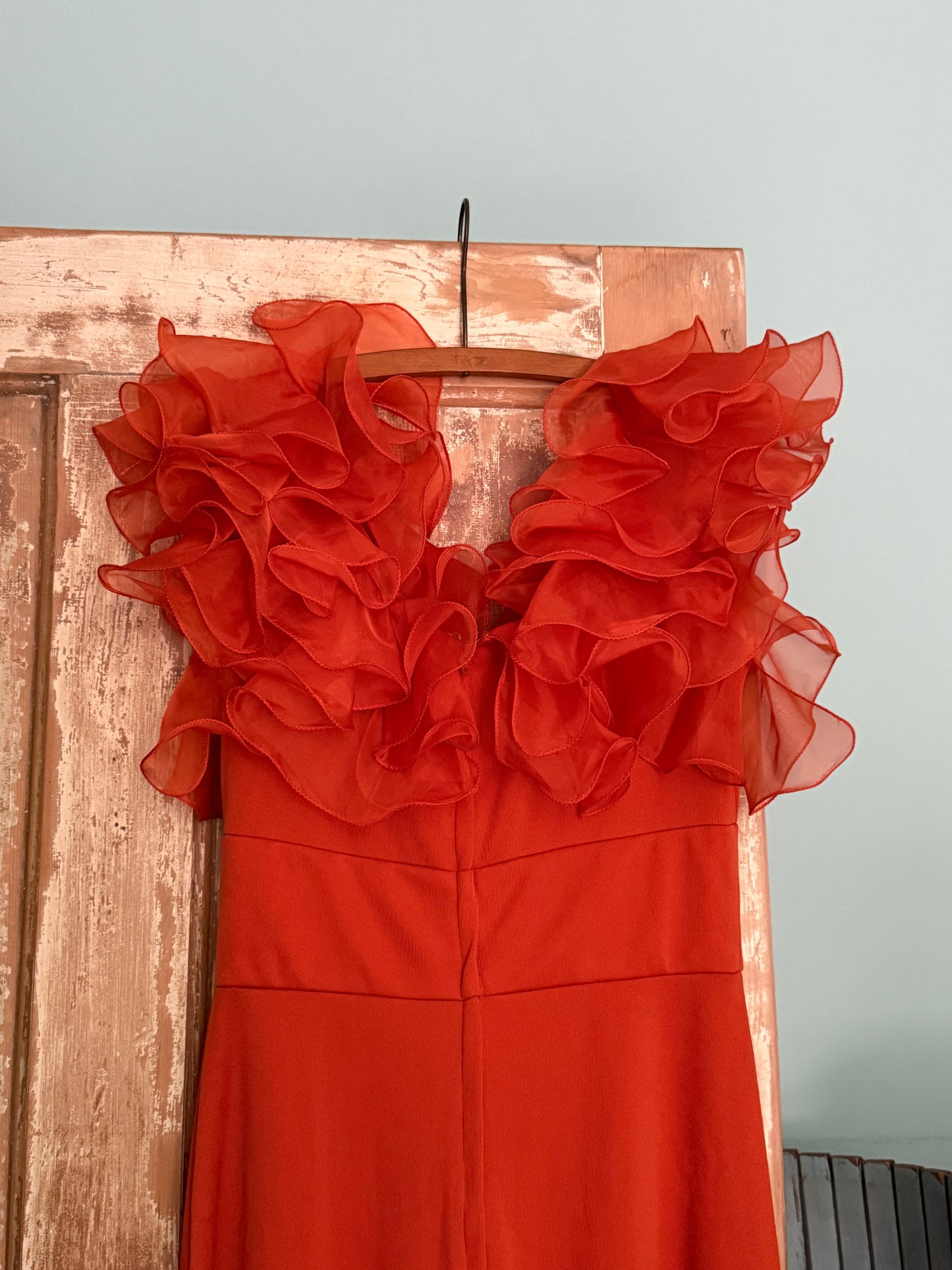 Vintage Orange Ruffle Evening Gown