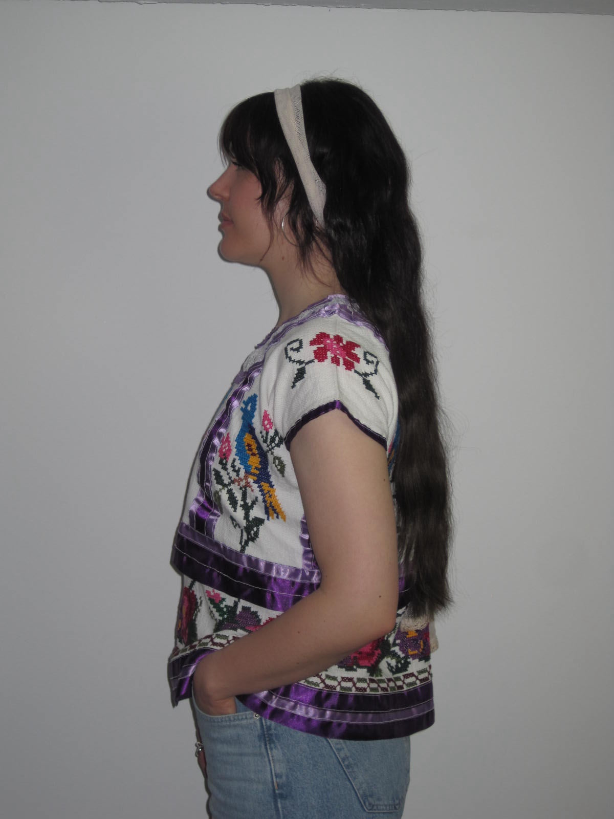 Las Ninãs Folk Embroidered Top With Bird Motif and Purple Satin Trim