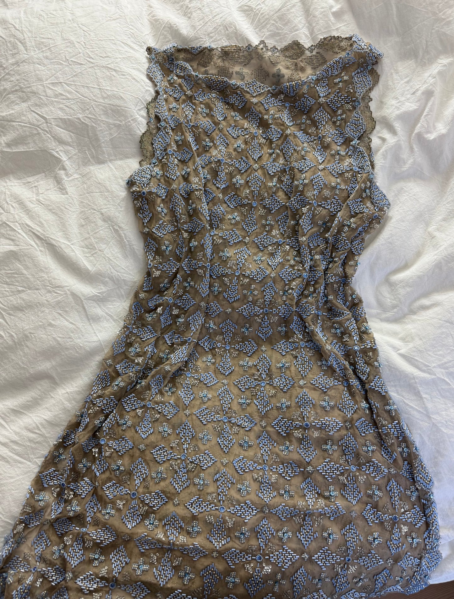 Rare Hand Beaded Vintage Cocktail Dress in Soft Nude and Blue