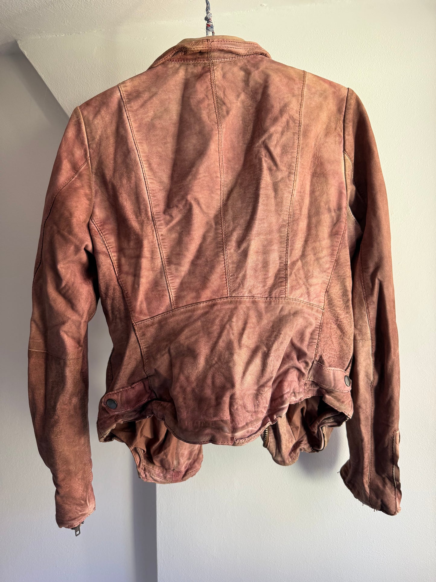 Muubaa Distressed Dusty Rose Leather Biker Jacket