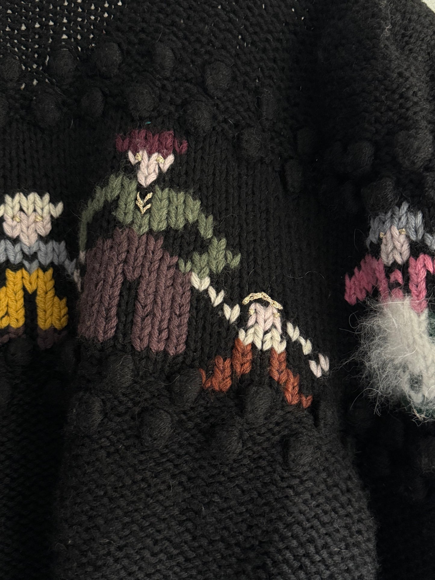 Vintage Knit Folk Art Ckunky Cardigan With Village Motif
