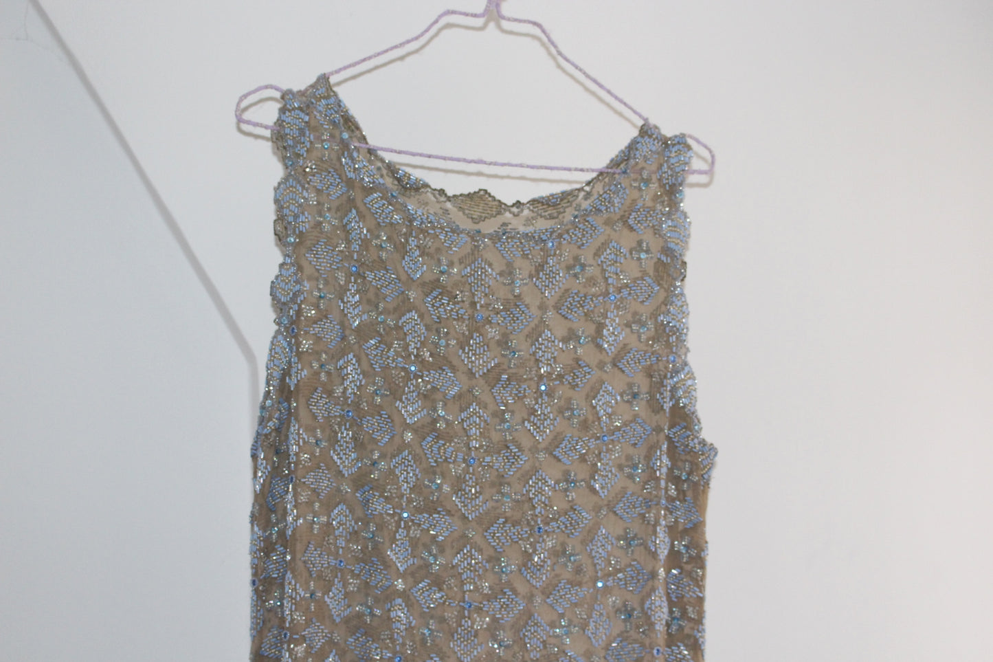 Rare Hand Beaded Vintage Cocktail Dress in Soft Nude and Blue