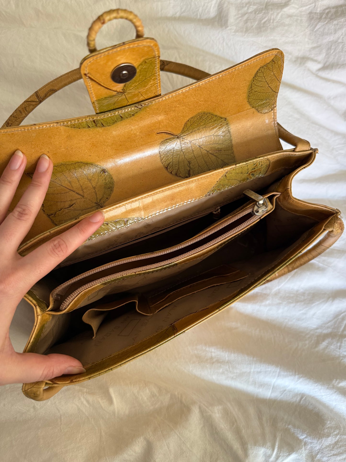 Vintage Leather Shoulder Bag and Matching Wallet with Pressed Leaves