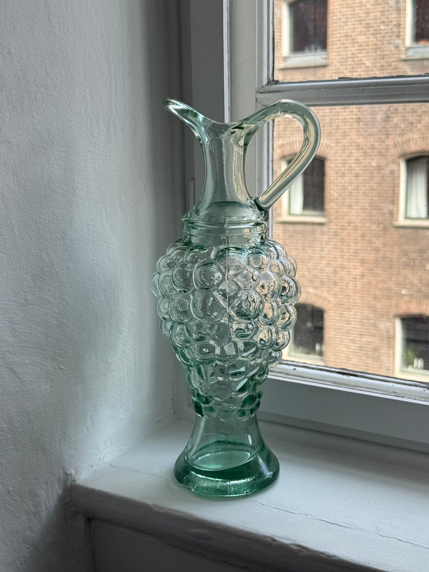 Vintage Green Glass Decanter with Grape Design