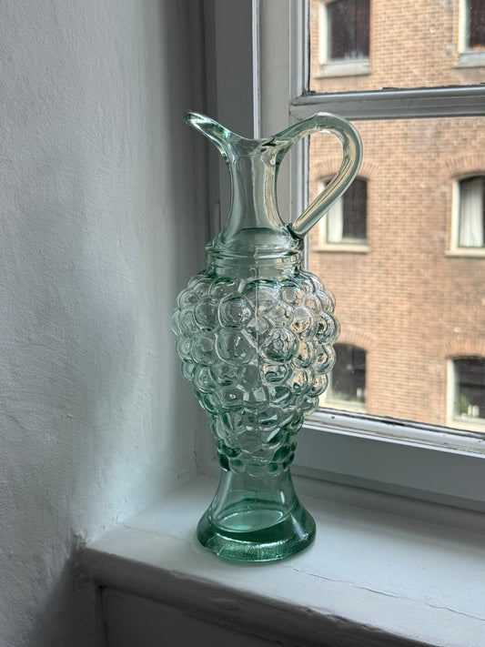 Vintage Green Glass Decanter with Grape Design