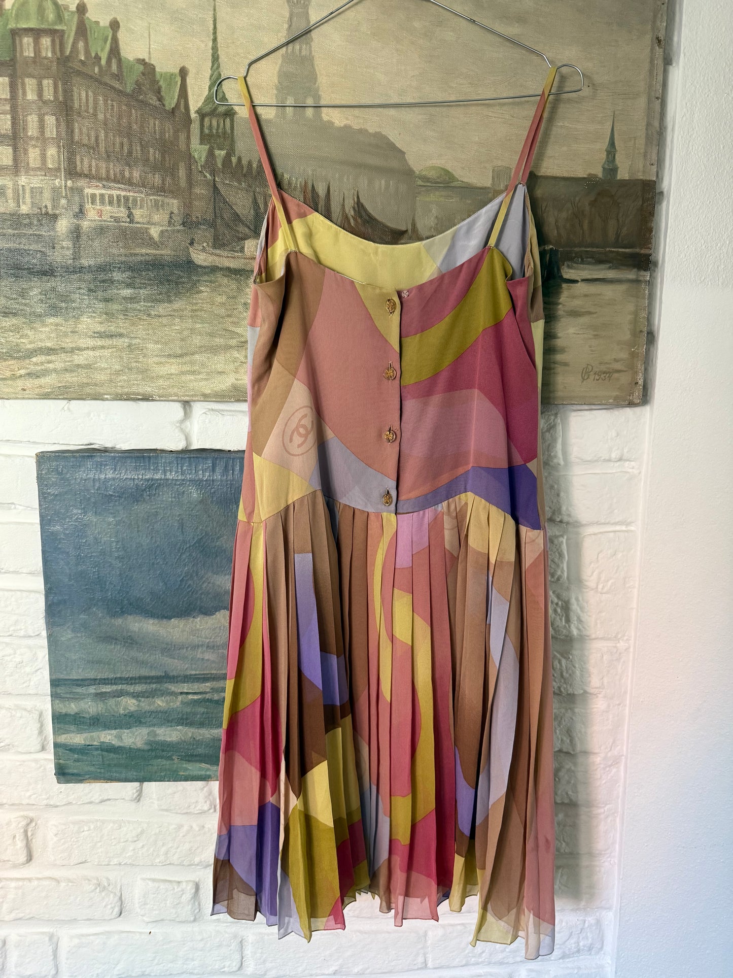 Iconic Vintage Chanel Silk Pleated Dress with Multicolor Abstract Print
