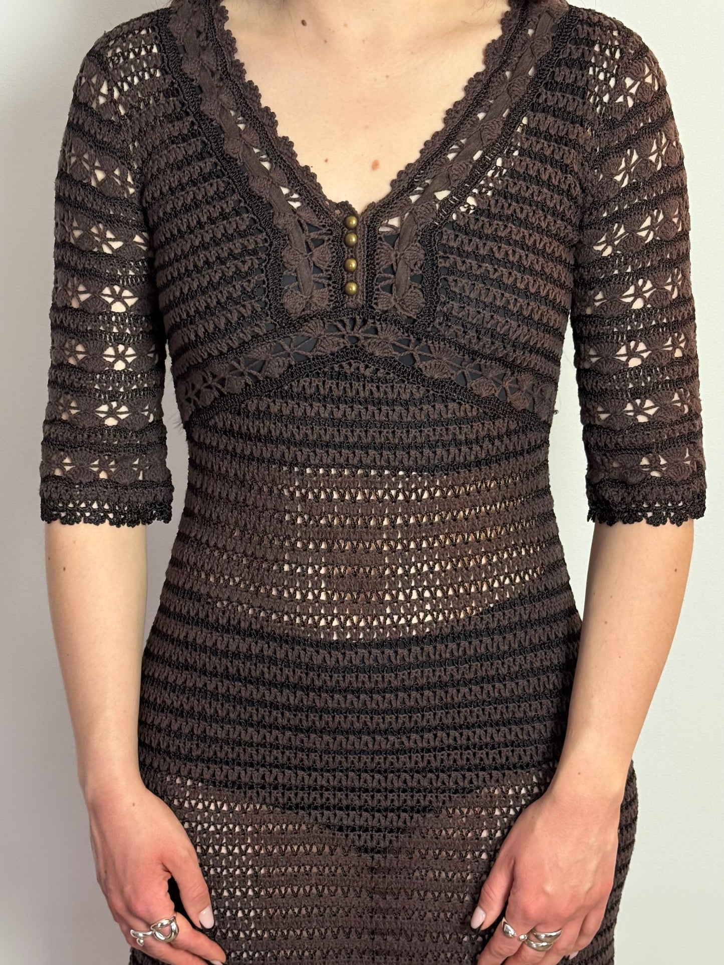 Vintage Karen Millen Brown Crochet Lace Knit Midi Dress