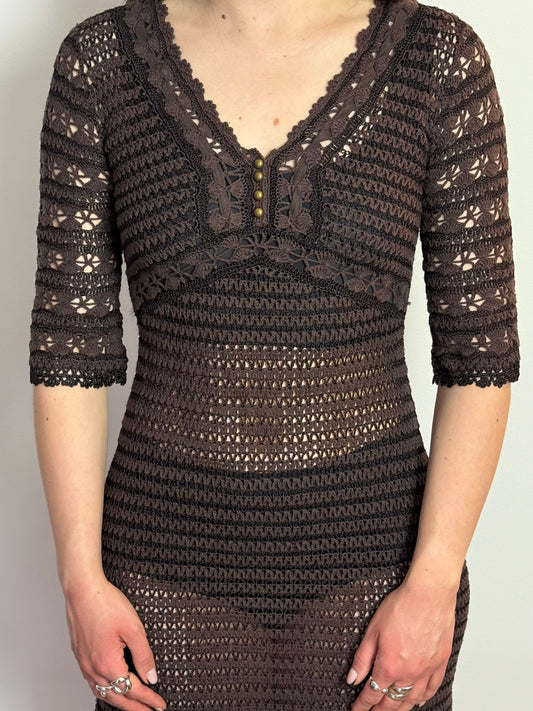 Vintage Karen Millen Brown Crochet Lace Knit Midi Dress