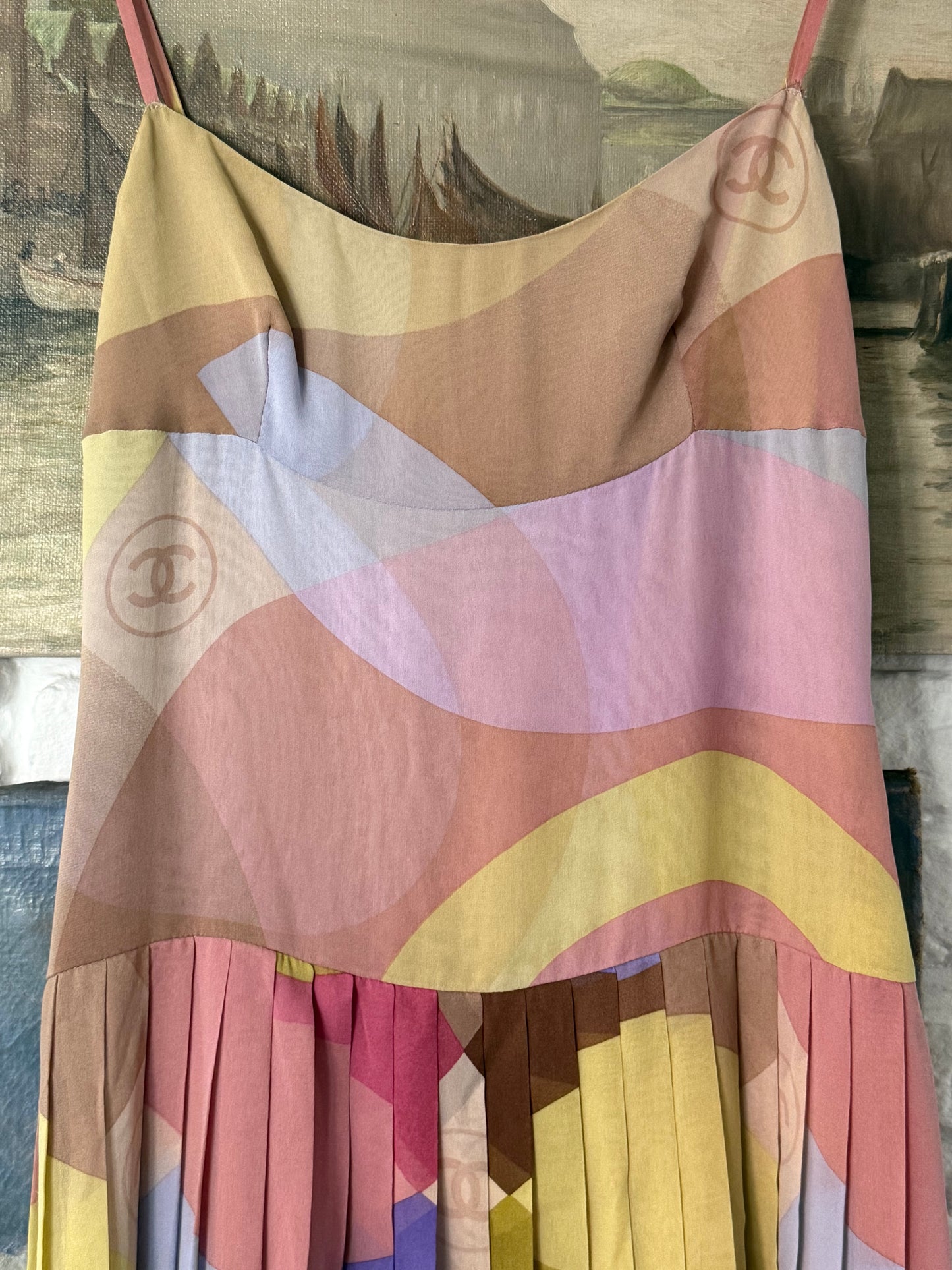 Iconic Vintage Chanel Silk Pleated Dress with Multicolor Abstract Print