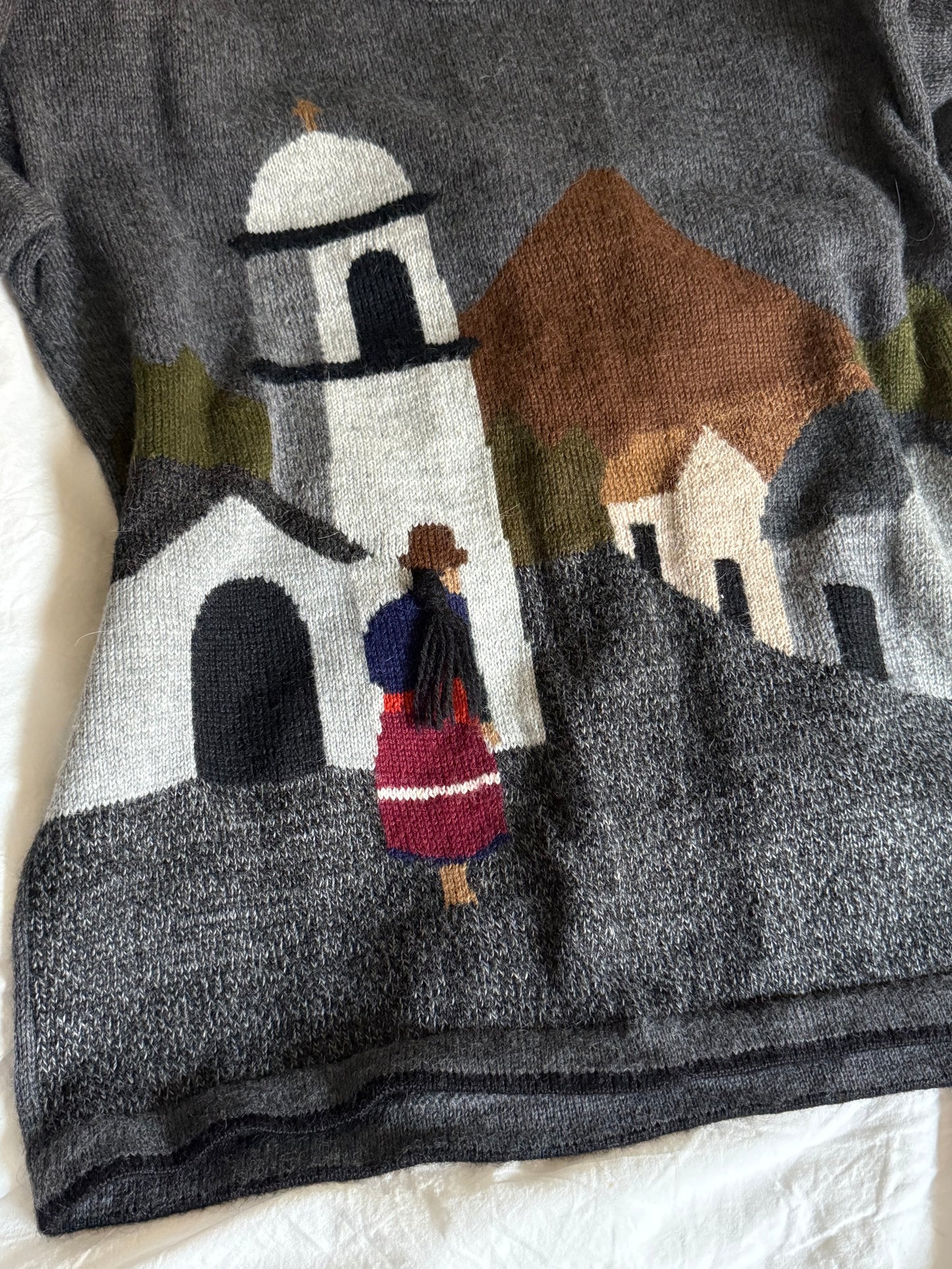 Vintage Alpaca Peru Sweater with Church Pattern