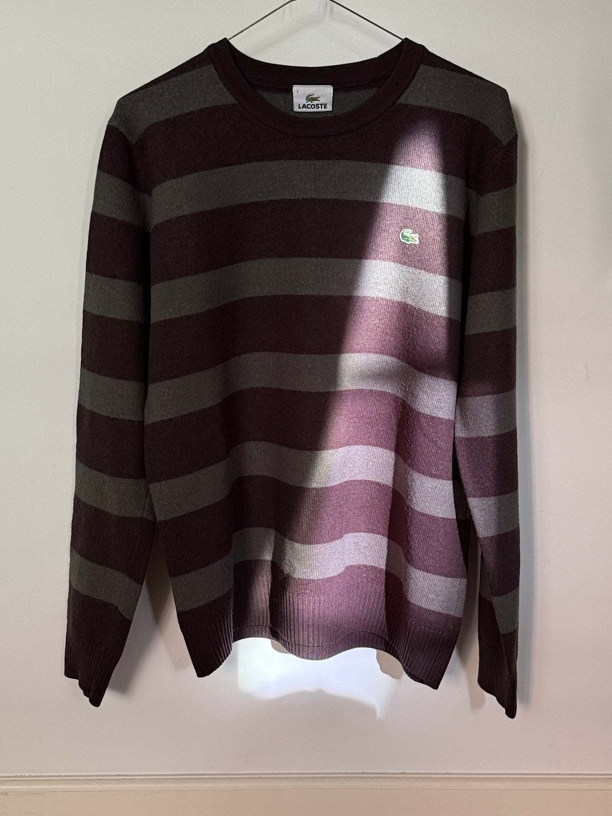 Vintage Lacoste Burgundy and Grey Striped Knit Sweater with Classic Logo