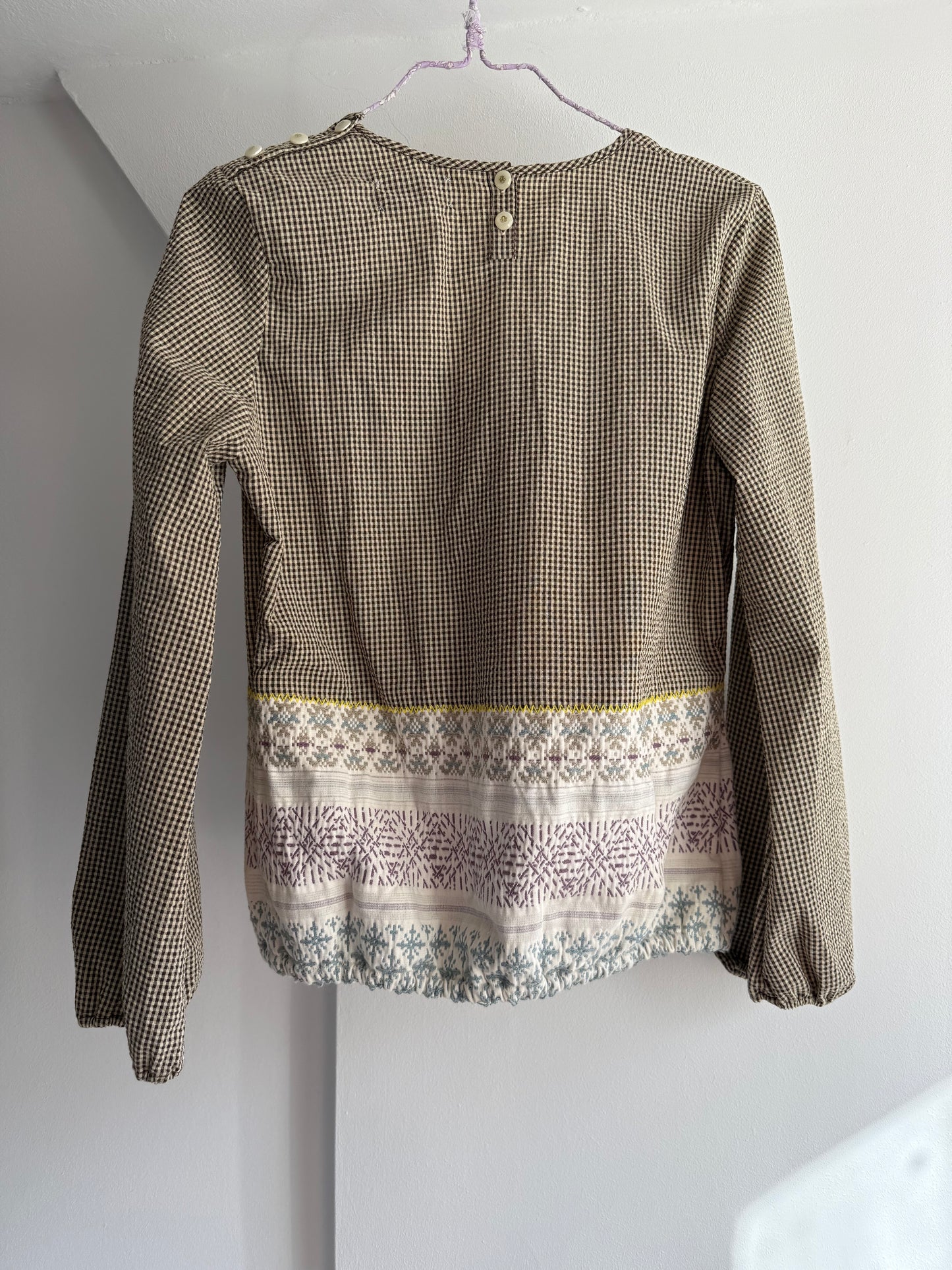Christensen X Sigersen Brown Gingham Blouse with Decorative Woven Panel Size M
