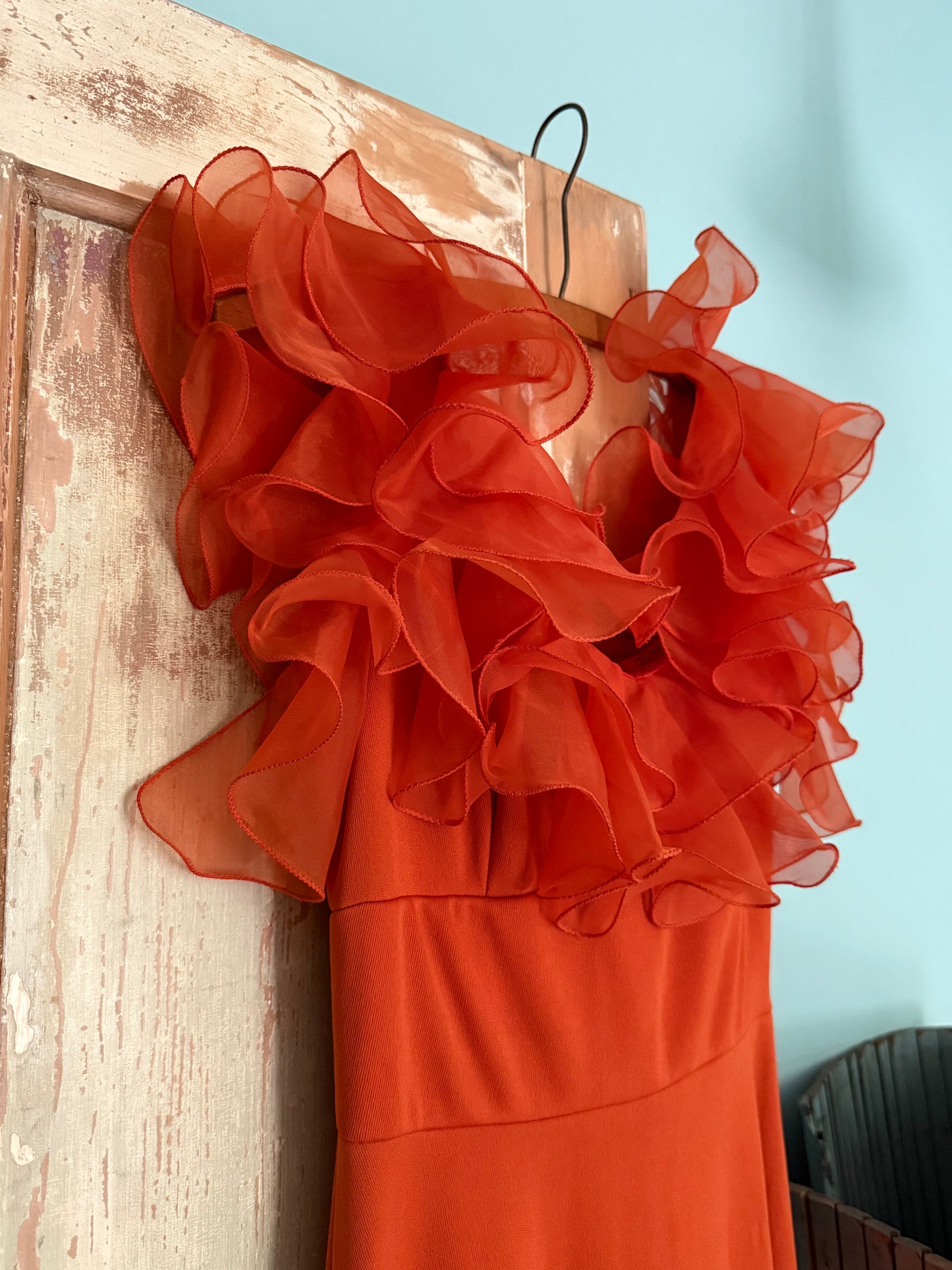 Vintage Orange Ruffle Evening Gown
