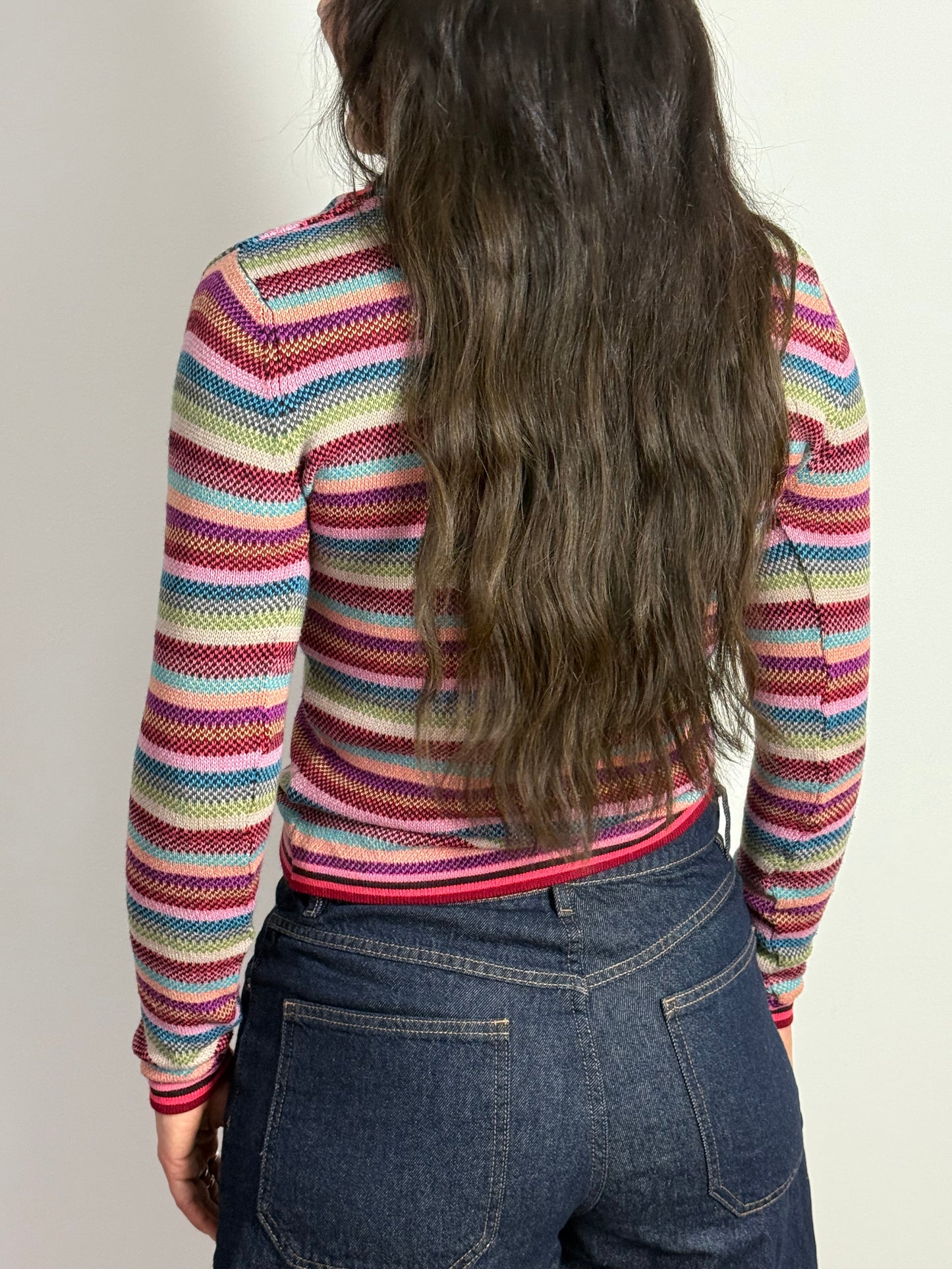 Vintage Rare Cacharel Rainbow Stripe Wool Blend Knit Top With Diamond Tie Scarf Detail