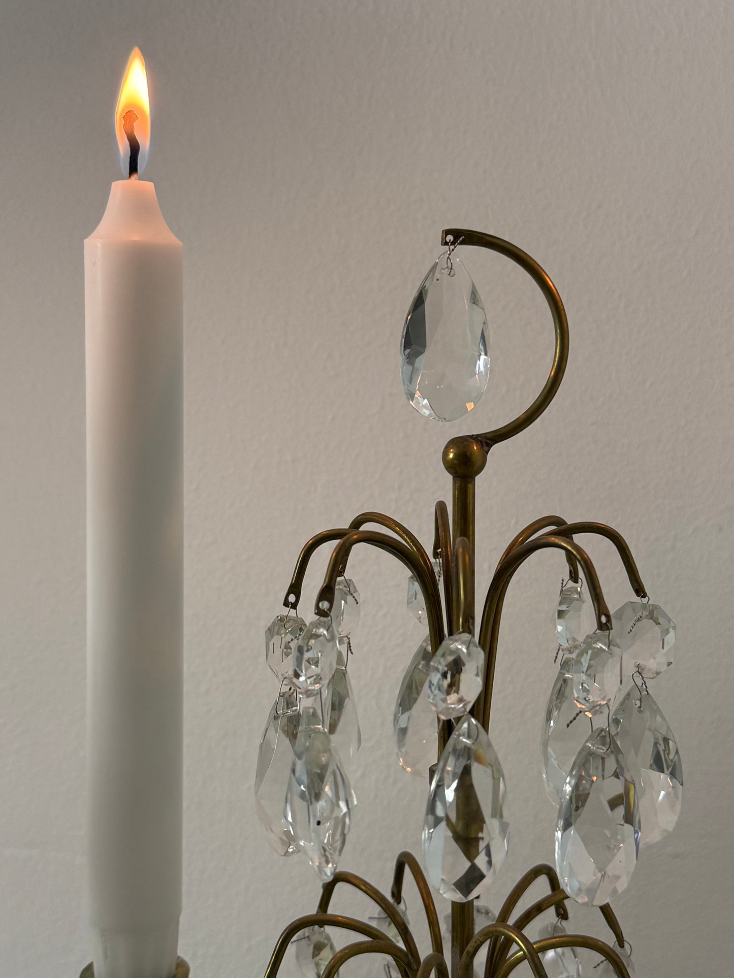 Pair of Vintage Brass Candlesticks with Faceted Prisms and Blue Accent