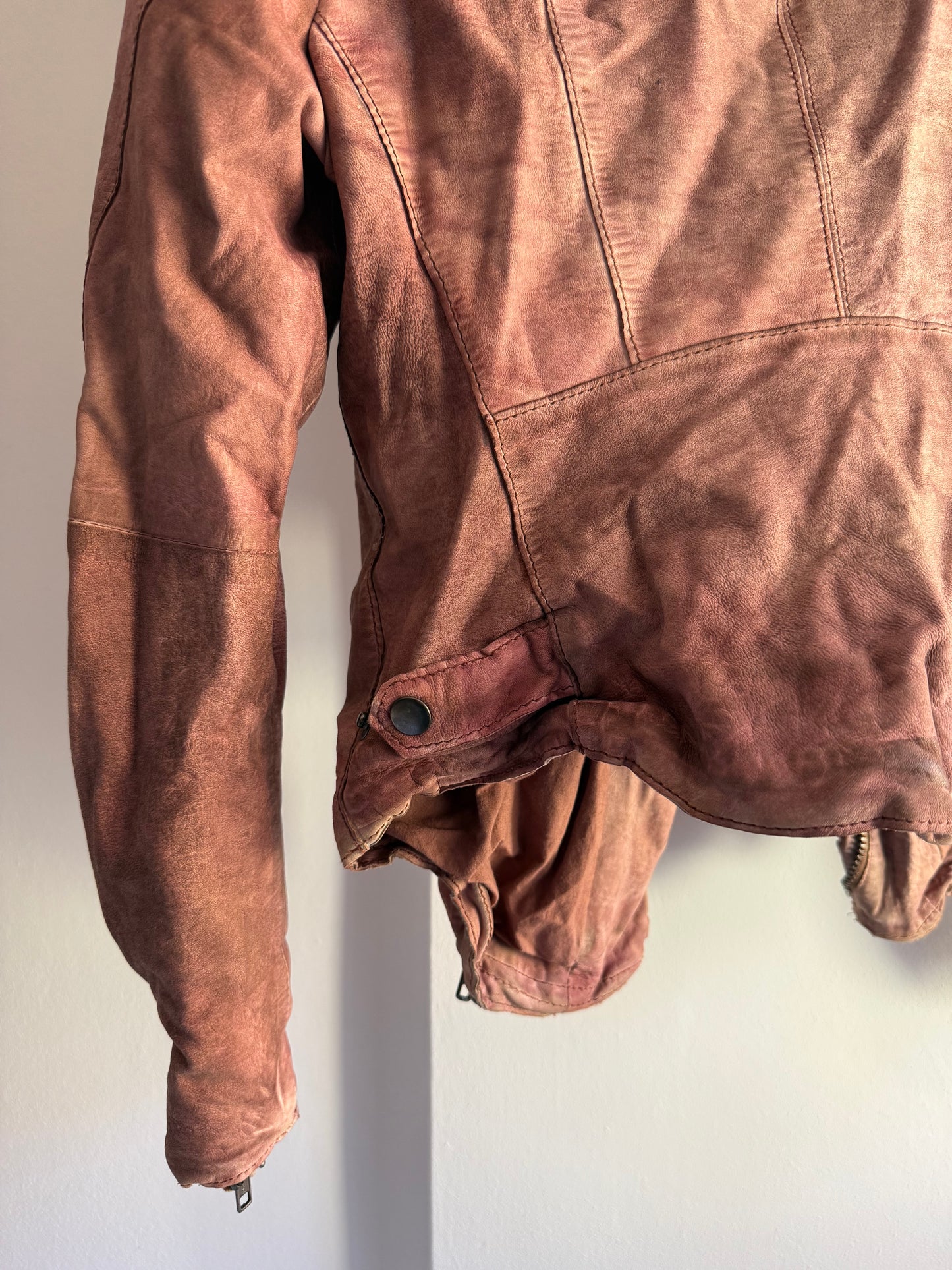 Muubaa Distressed Dusty Rose Leather Biker Jacket
