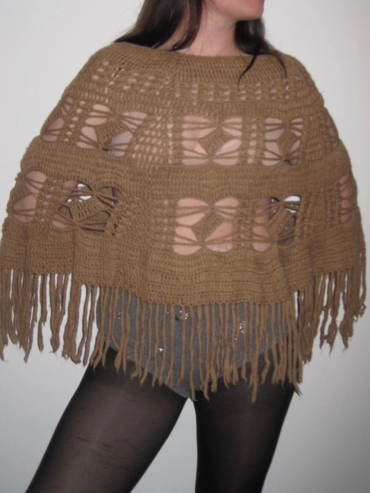 Vintage Rare Baby Alpaca Crochet Fringe Poncho Top in Camel Brown