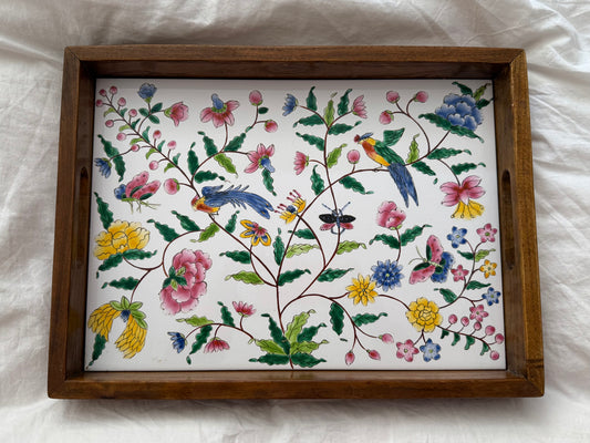 Vintage Wooden & Ceramic Serving Tray with Hand-Painted Flowers and Birds