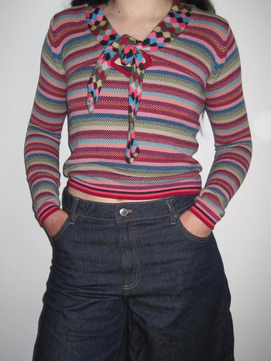 Vintage Rare Cacharel Rainbow Stripe Wool Blend Knit Top With Diamond Tie Scarf Detail