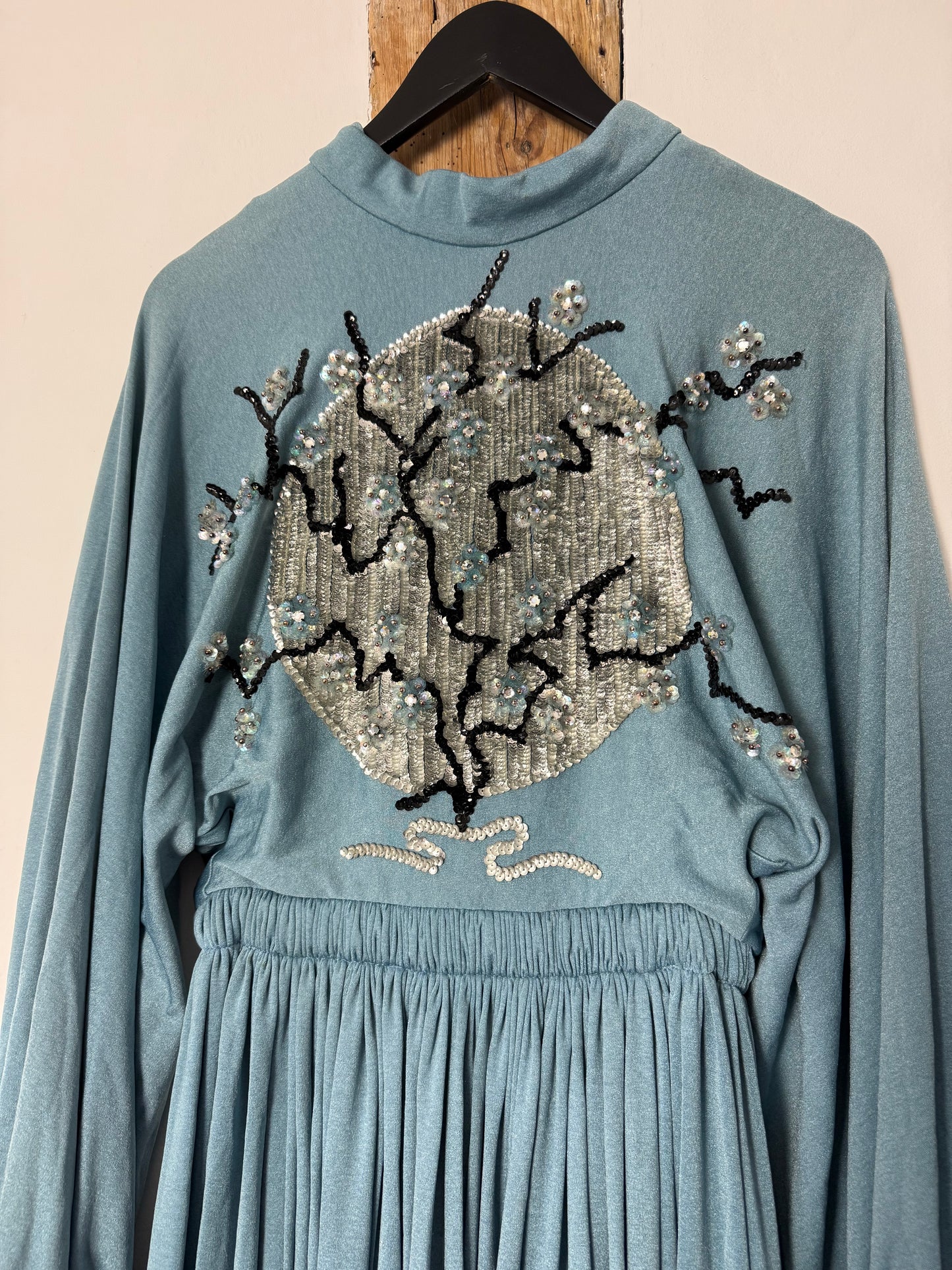 Vintage Rare Jean Varon Sky Blue Maxi Dress with Appliqué Details