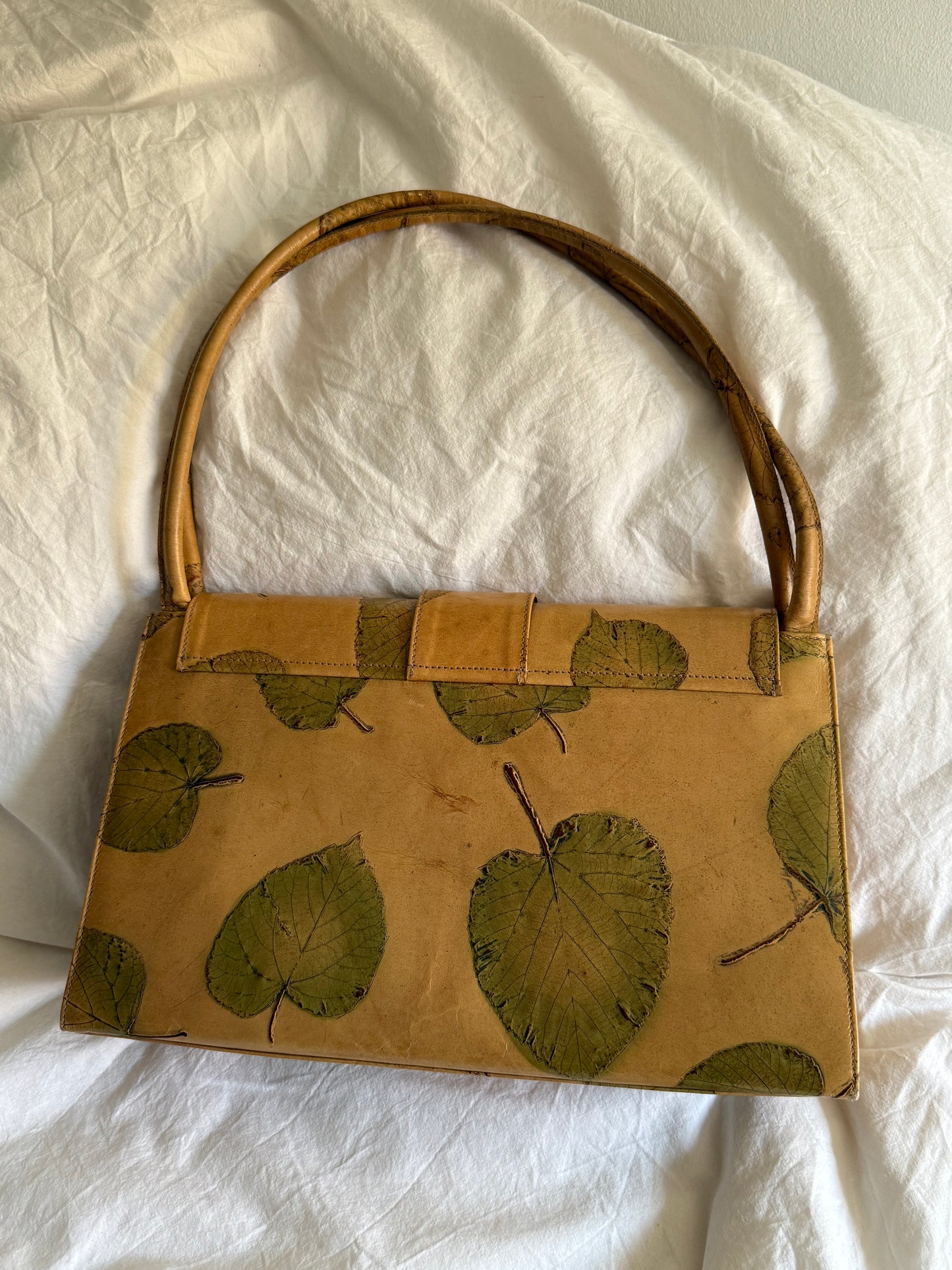 Vintage Leather Shoulder Bag and Matching Wallet with Pressed Leaves