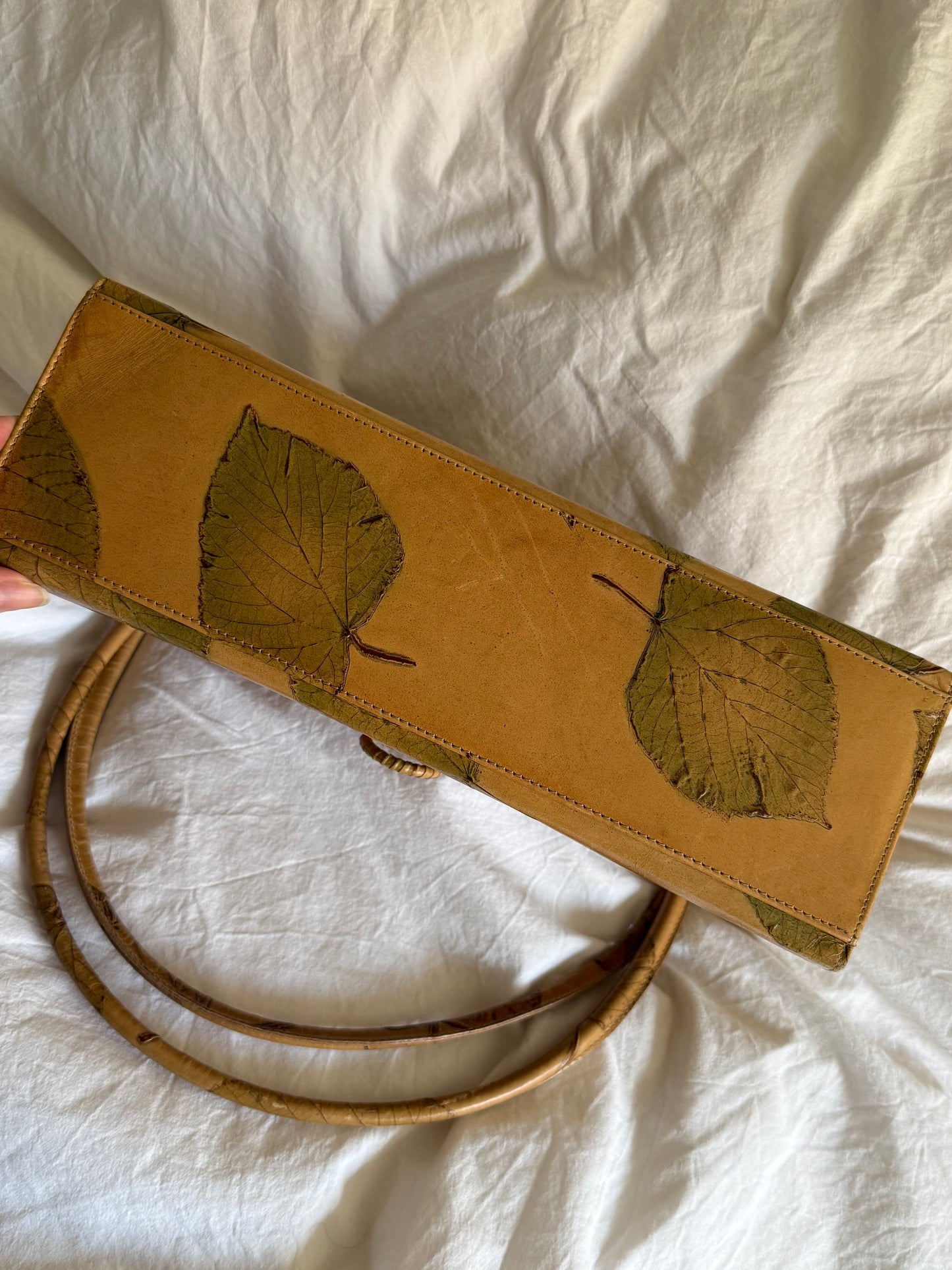 Vintage Leather Shoulder Bag and Matching Wallet with Pressed Leaves