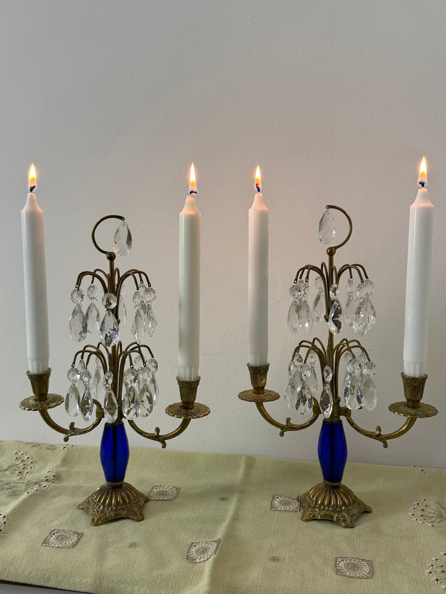 Pair of Vintage Brass Candlesticks with Faceted Prisms and Blue Accent