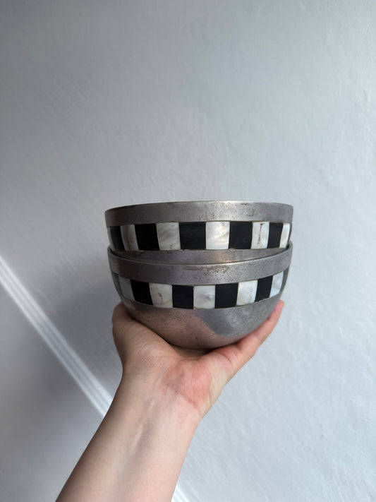 Vintage Metal Bowls With Black and White Inlay Set of Two Decorative Serving Bowls