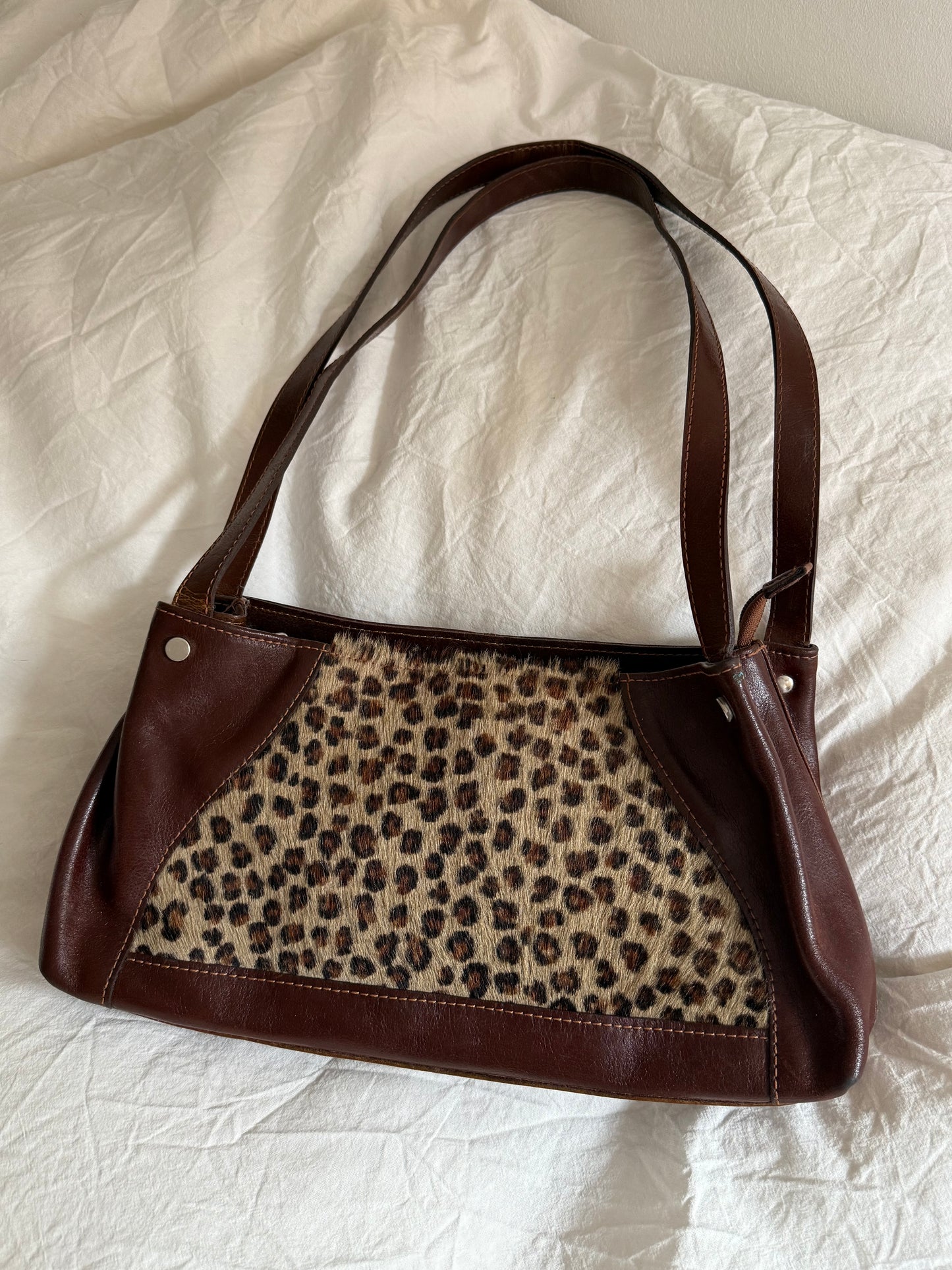 Vintage 90s Leopard Pony Hair Leather Shoulder Bag
