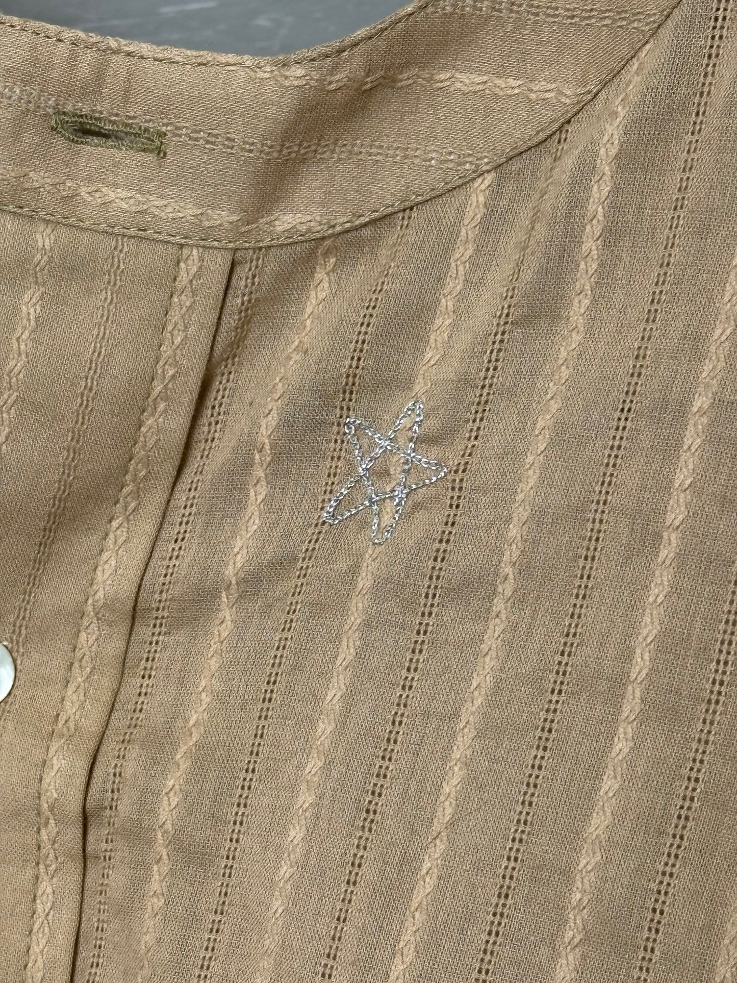 Christensen x Sigersen Beige Textured Cotton Blouse with Cropped Sleeves and Embroidered Star Detail