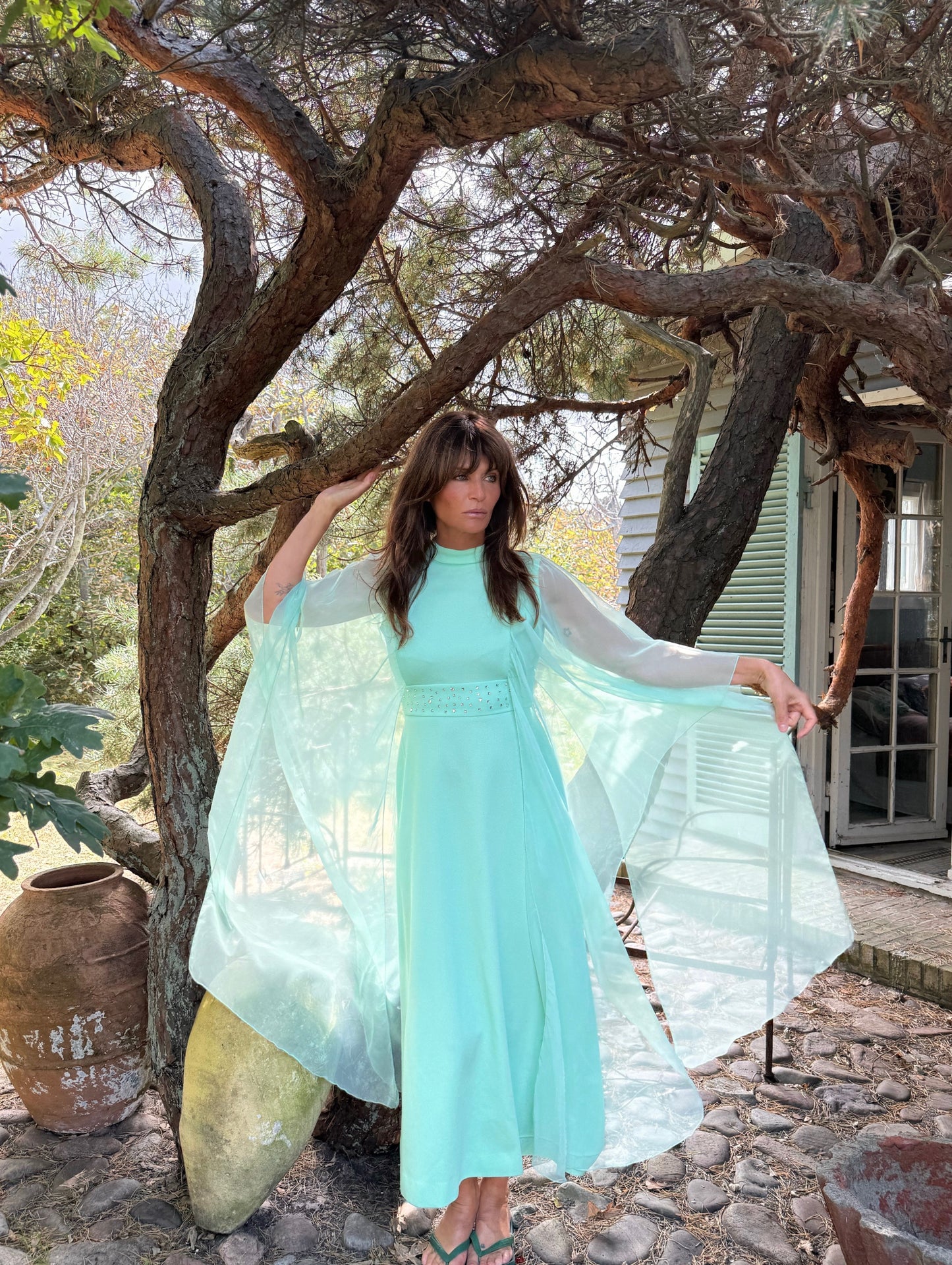 Vintage 60s-70s Mint Green Chiffon Cape Maxi Dress with Rhinestones