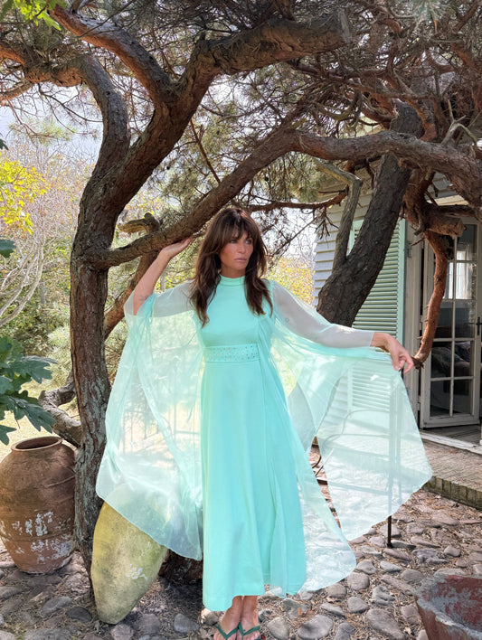 Vintage 60s-70s Mint Green Chiffon Cape Maxi Dress with Rhinestones