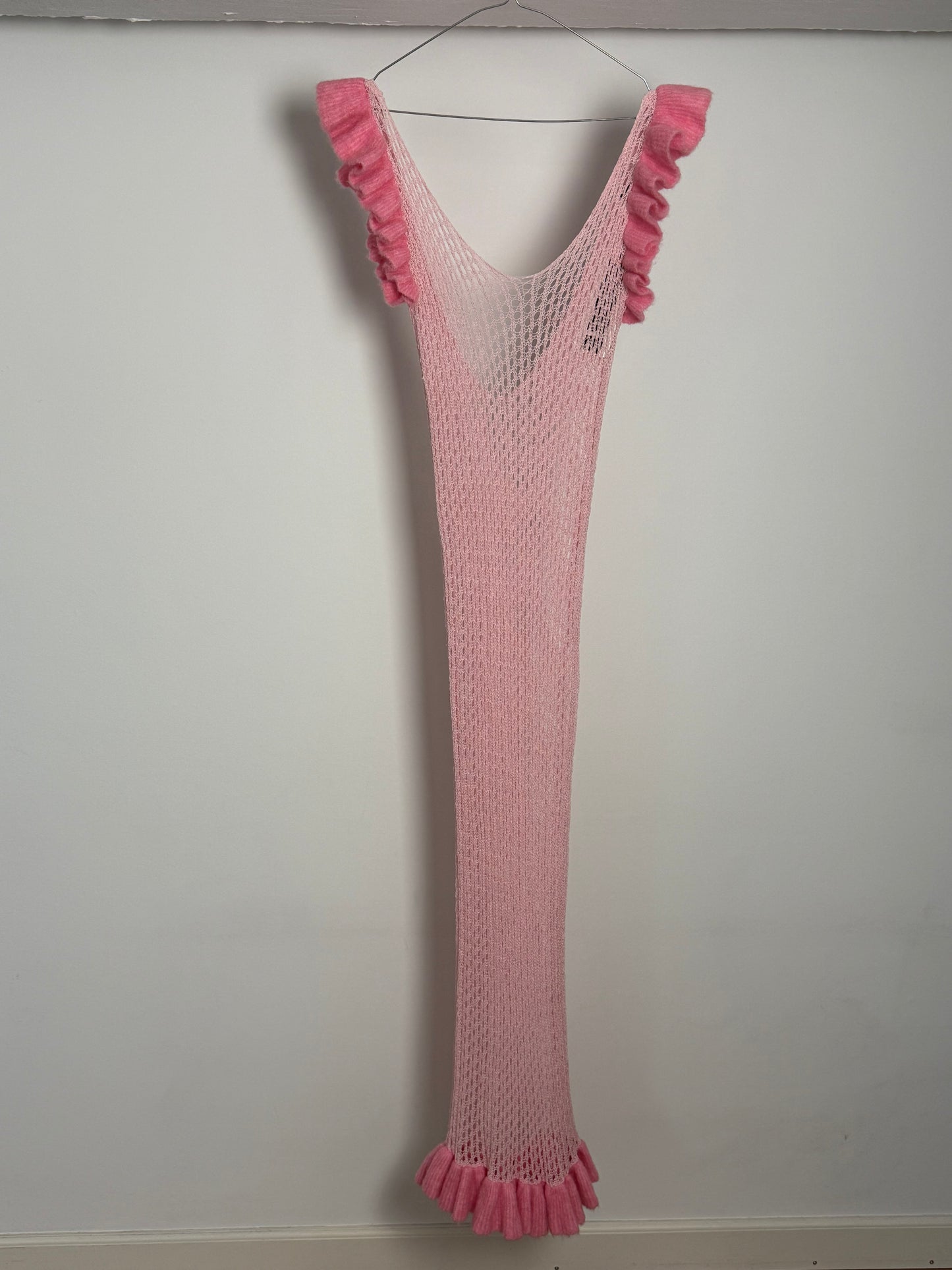 Rotate Pink Open Back Mermaid Crochet Maxi Dress With Ruffle Trim