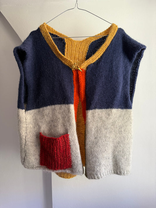 Vintage Color Block Hand Knit Wool Vest