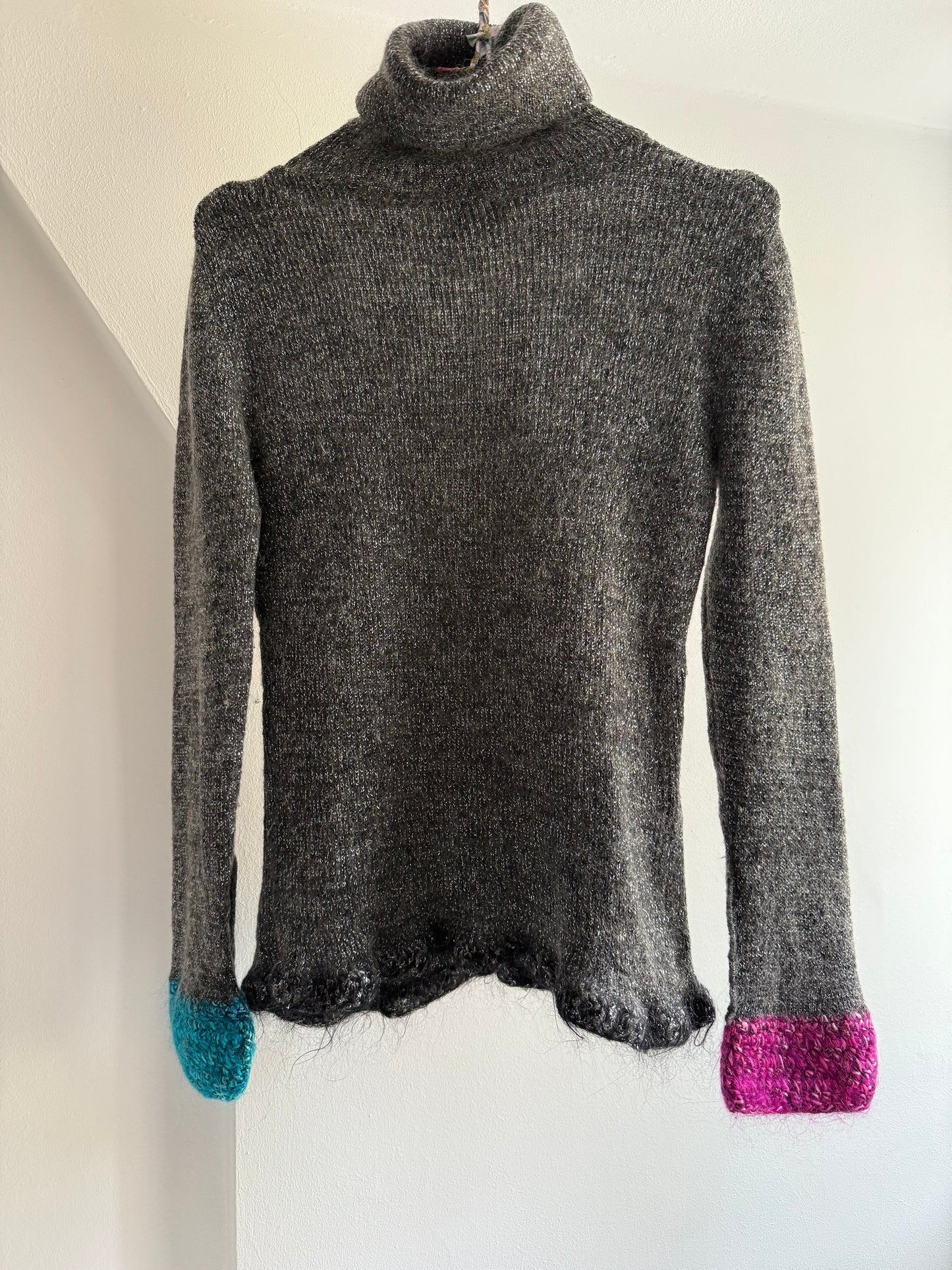 Vintage Mohair Blend Glitter Top with Pink and Blue Knitted Details on the Sleeves