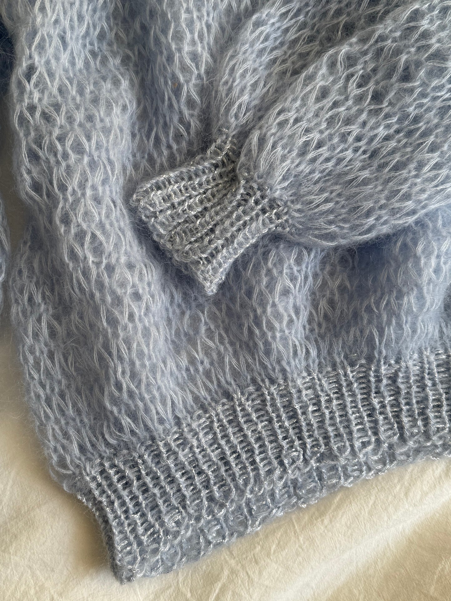 Vintage Hand-Knit Baby Blue Oversized Sweater With Silver Shimmer Trim