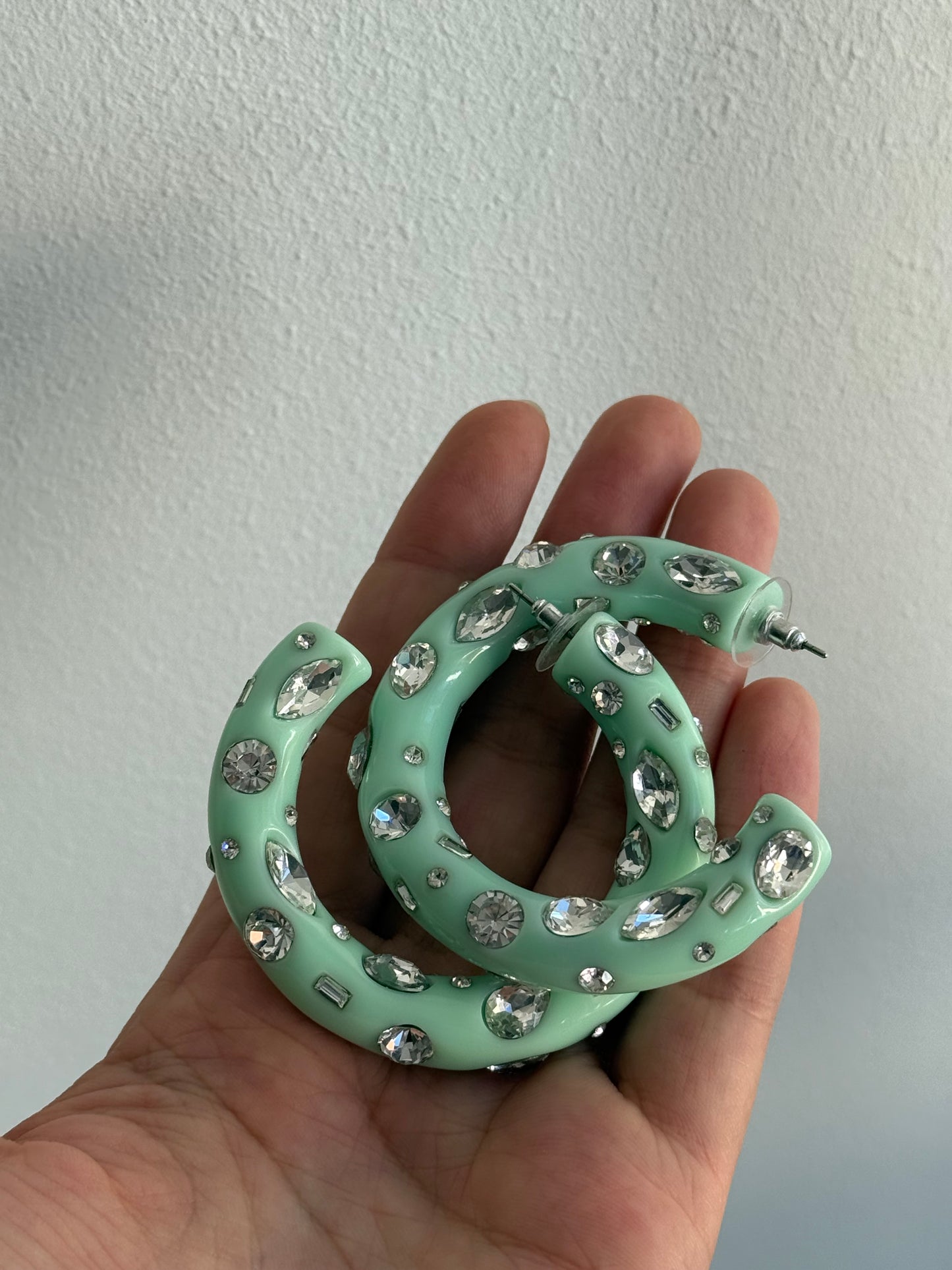 Dannijo Mint Green Resin Hoop Earrings with Crystal Embellishments