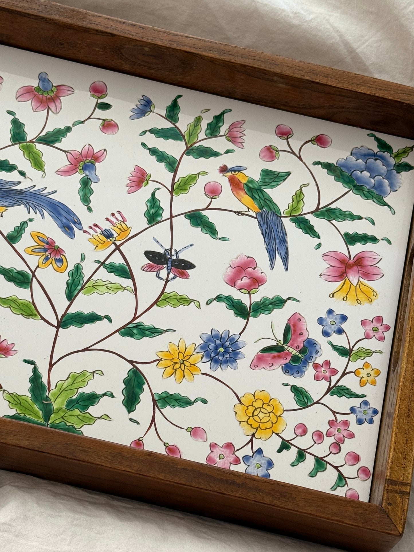 Vintage Wooden & Ceramic Serving Tray with Hand-Painted Flowers and Birds