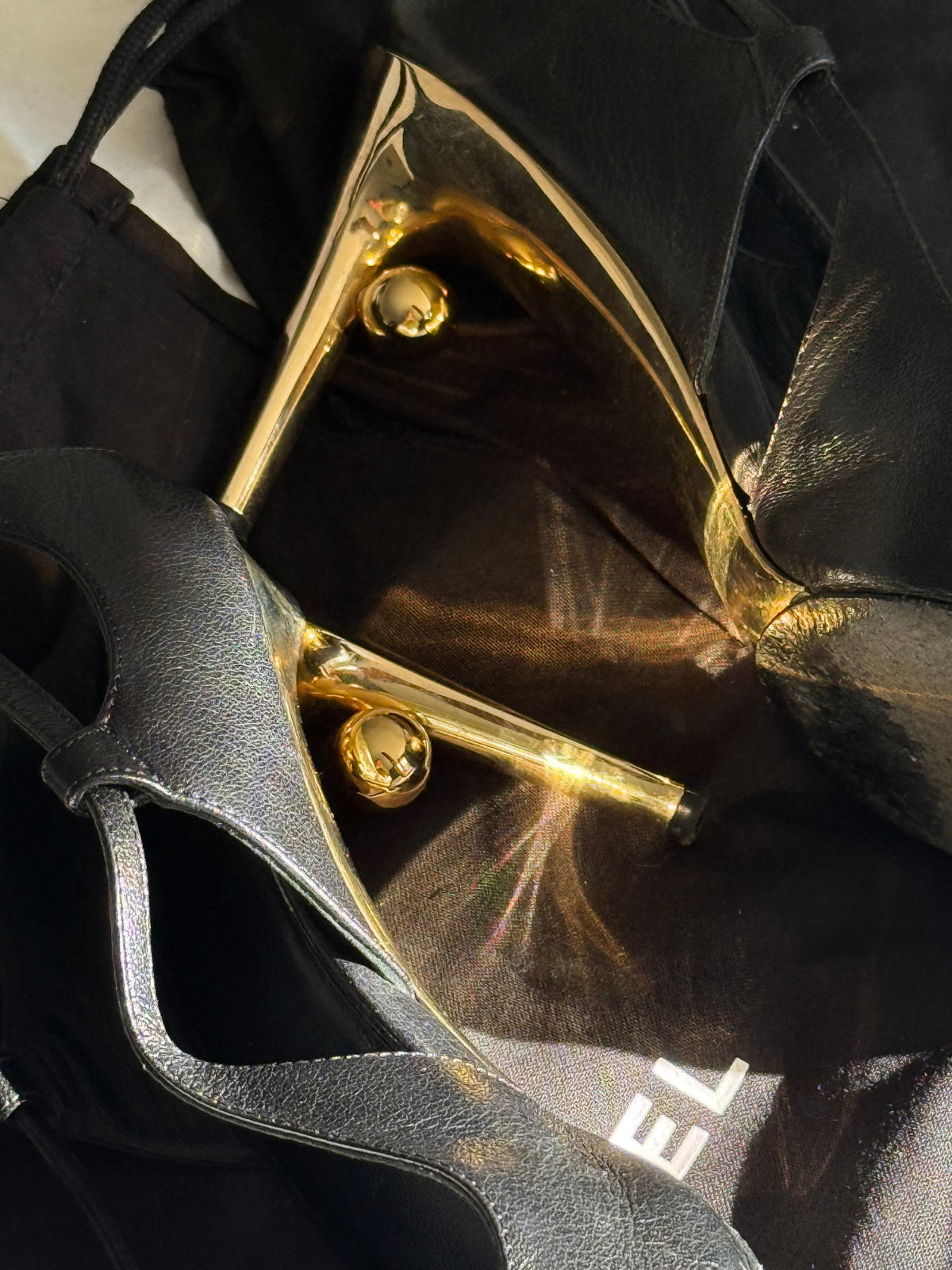 Vintage Chanel Black Leather & Gold CC Sculptural Heel Slingback Pumps