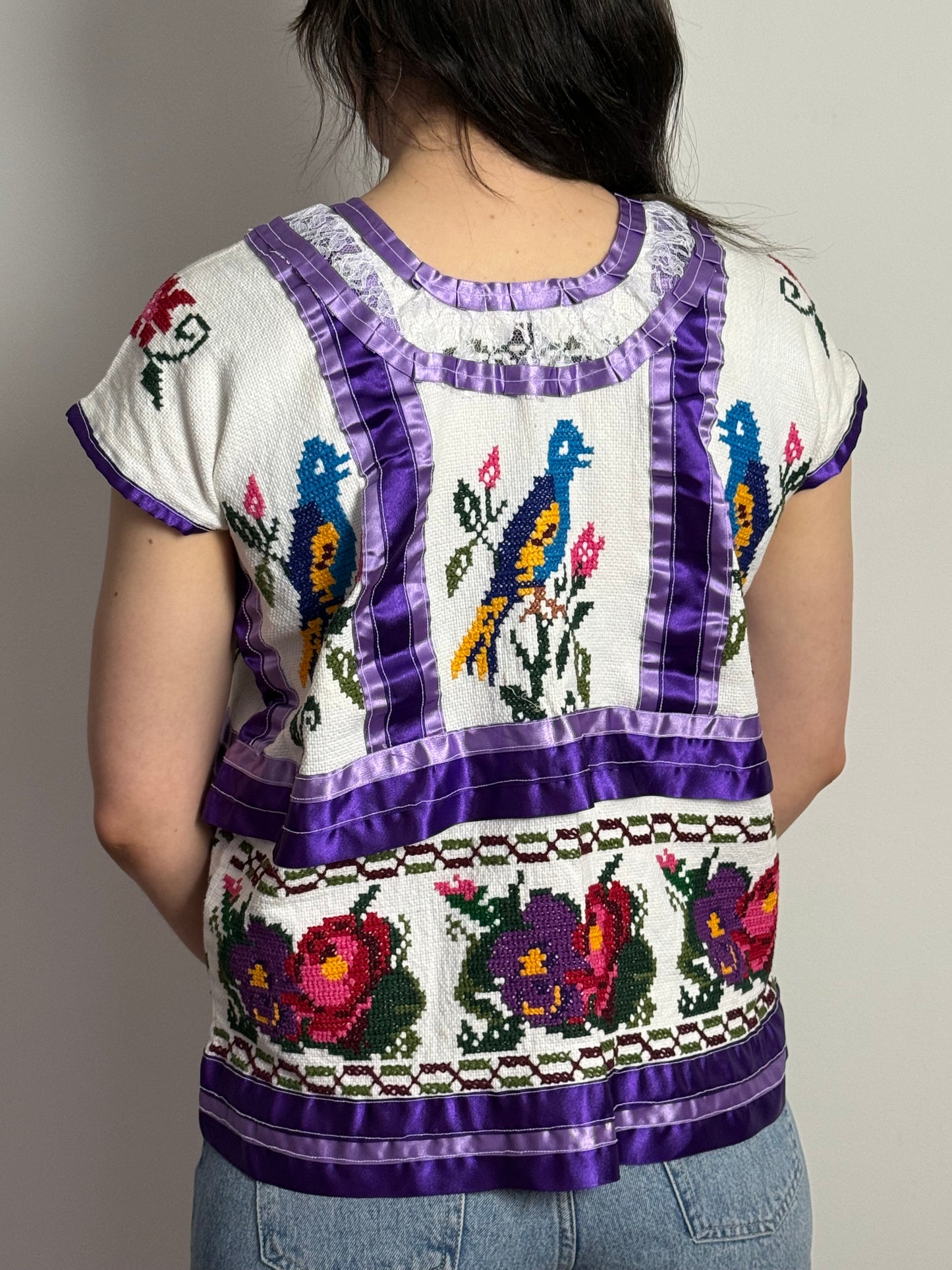 Las Ninãs Folk Embroidered Top With Bird Motif and Purple Satin Trim