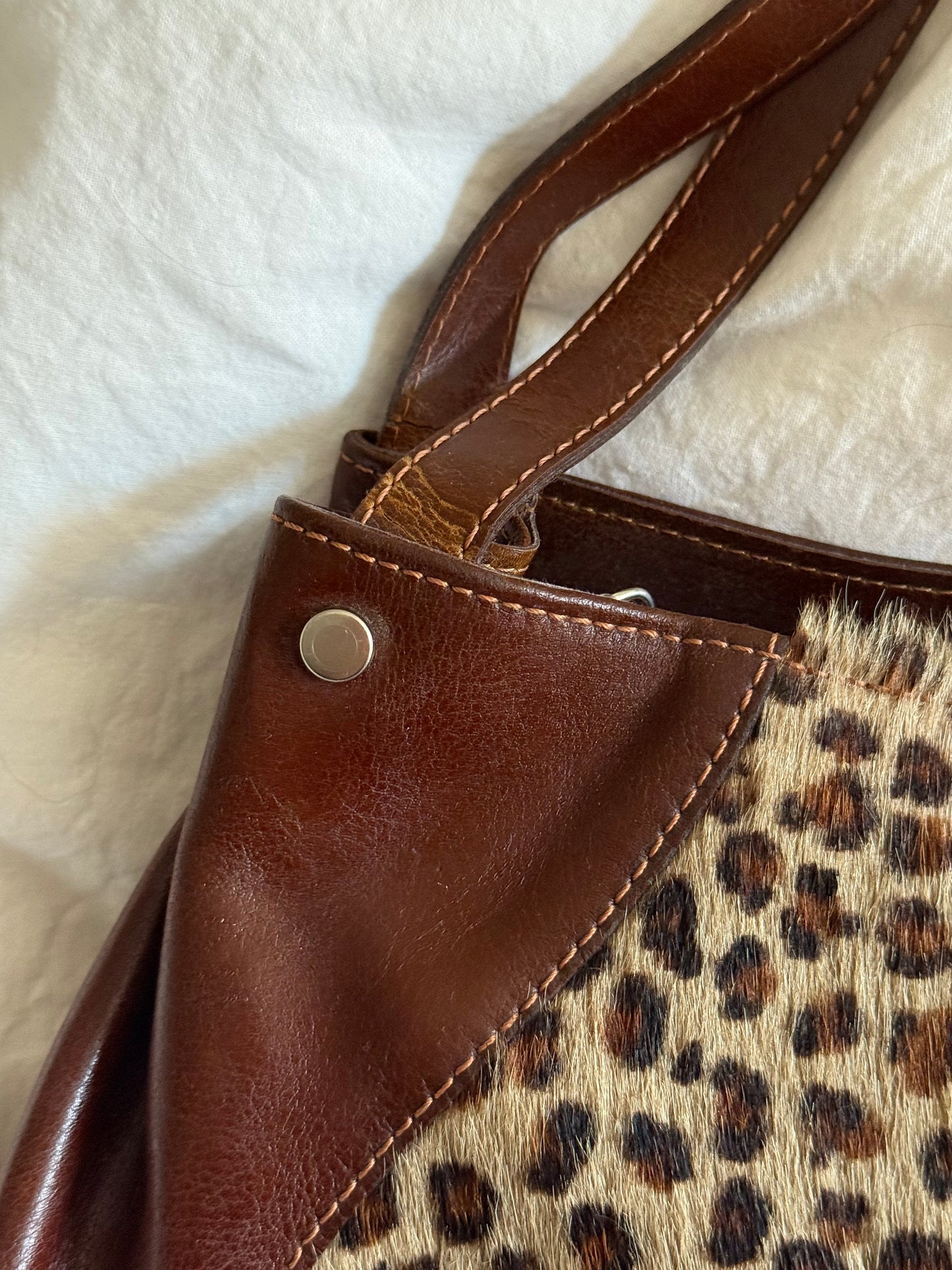 Vintage 90s Leopard Pony Hair Leather Shoulder Bag