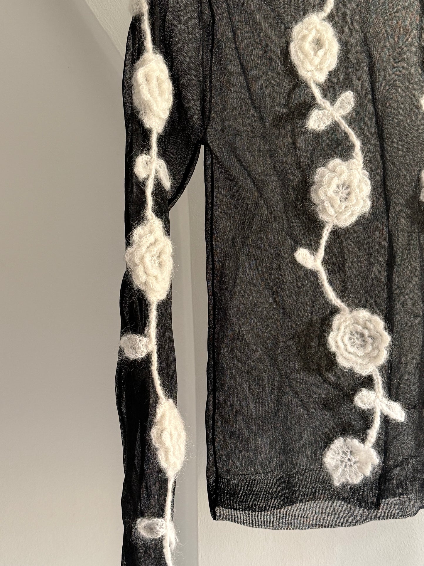 Ganni Turtleneck Mesh Top with Crochet Flowers Appliqués