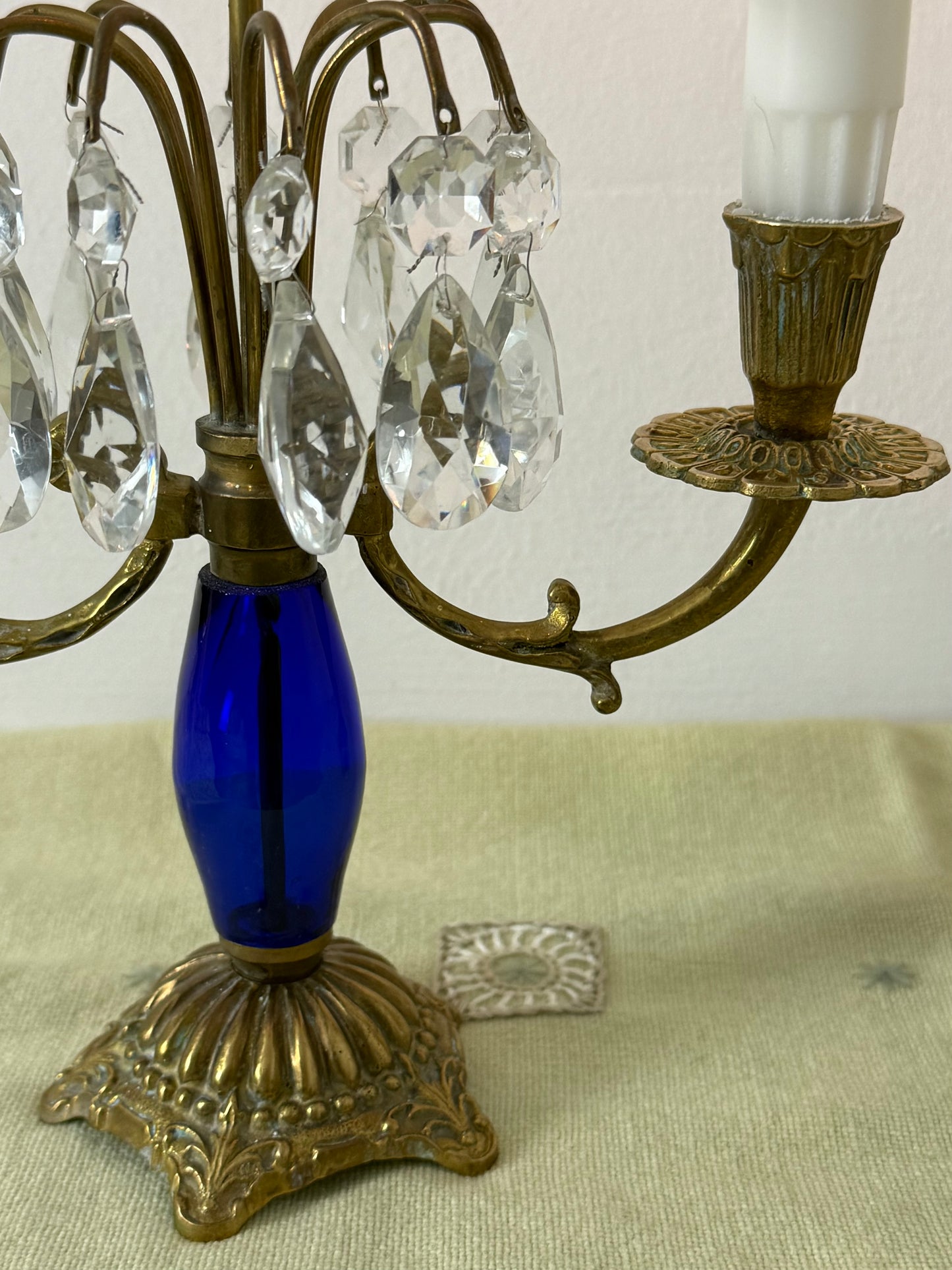 Pair of Vintage Brass Candlesticks with Faceted Prisms and Blue Accent