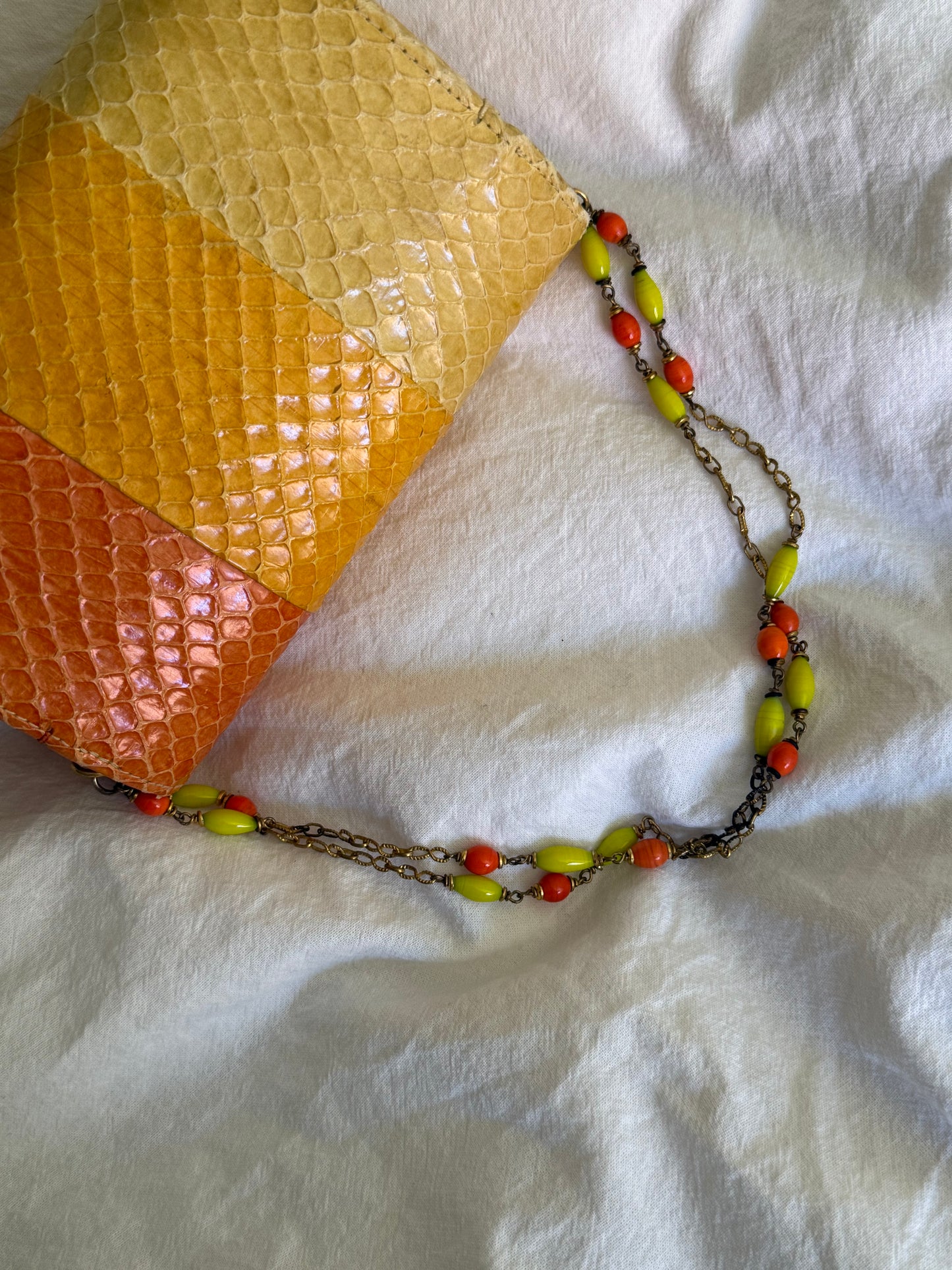Vintage Rare Sunset Python Leather Beaded Chain Clutch Bag