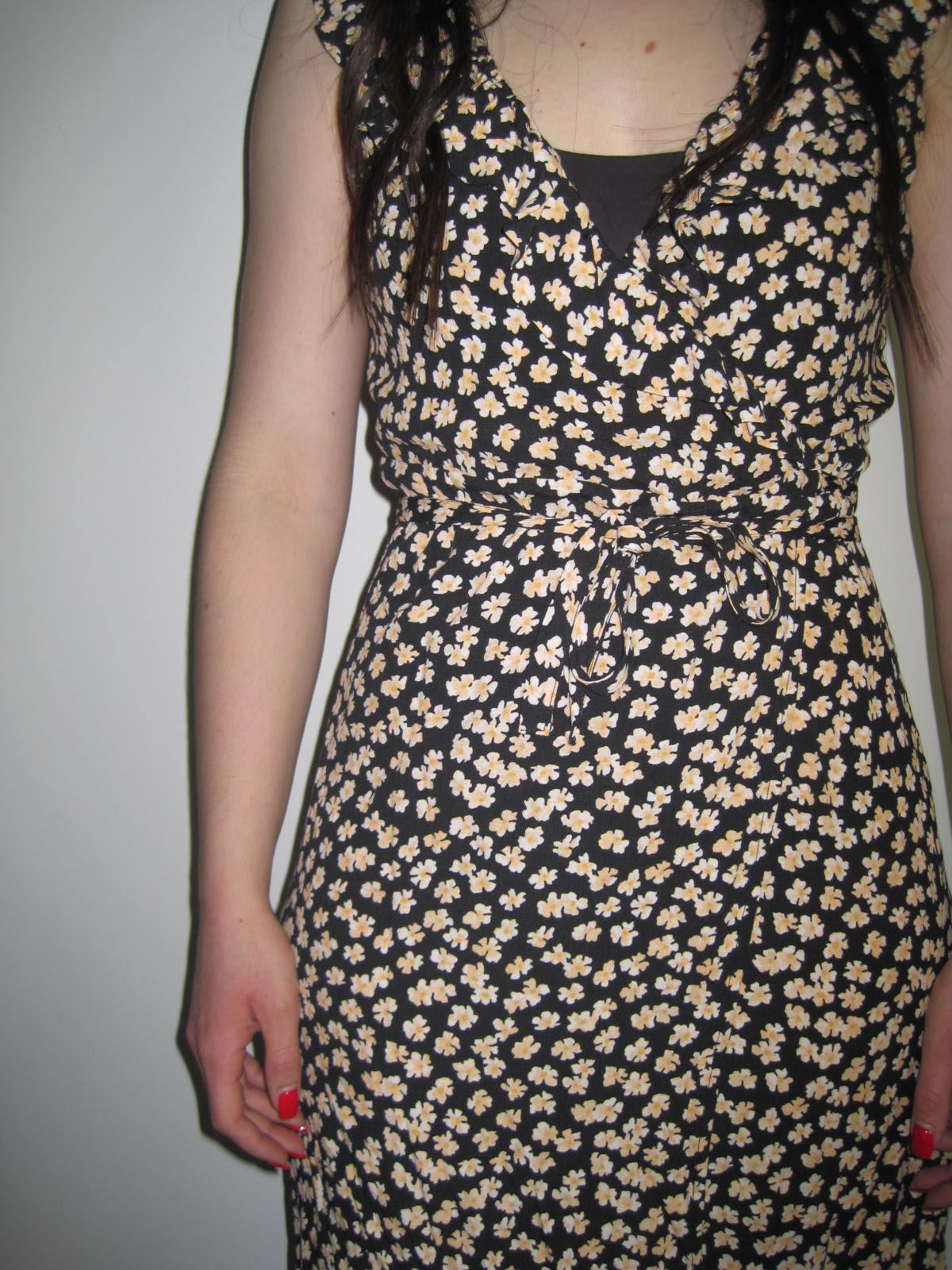 Rouje Floral Wrap Midi Dress with Soft Yellow Ditsy Print and Defined Waistband