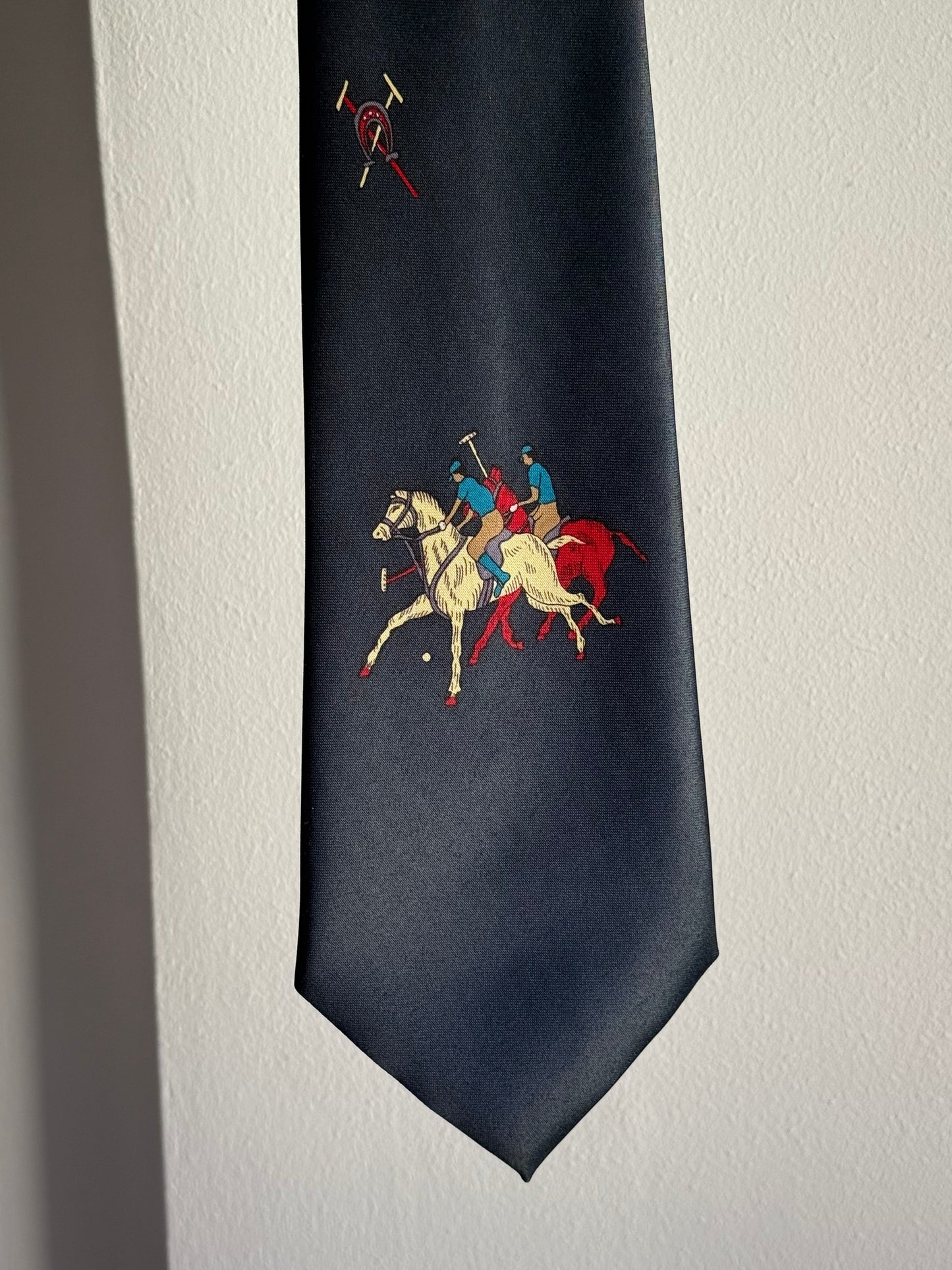 Vintage Giovanni Italian Navy Blue Tie with Polo Player Motif