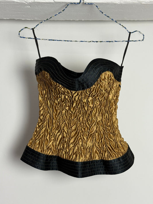 Vintage Metallic Gold Corset Top with Black Trim and Textured Finish